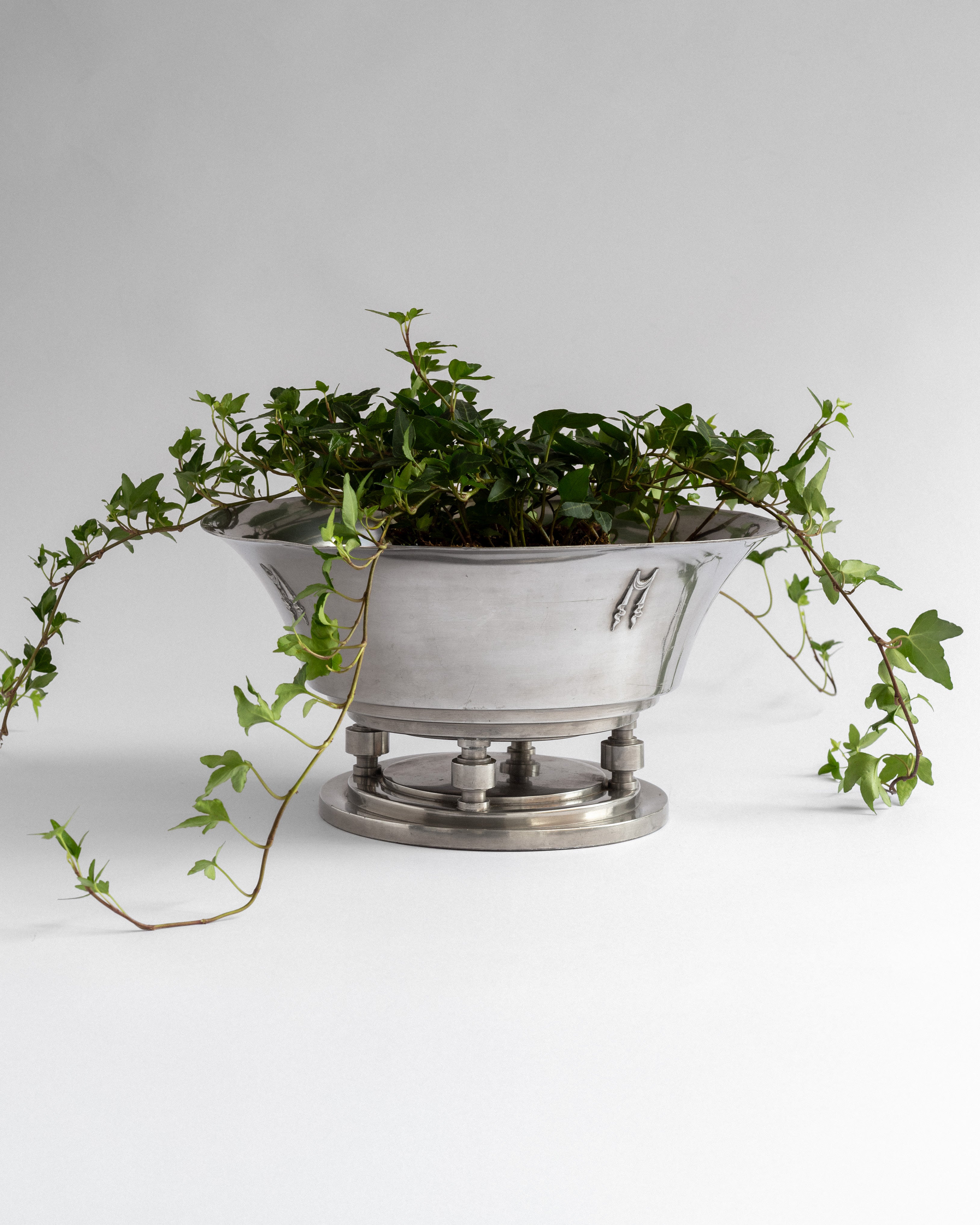 Pewter Centerpiece Bowl on Foot, Art Deco, Sweden, 1930s — side angle