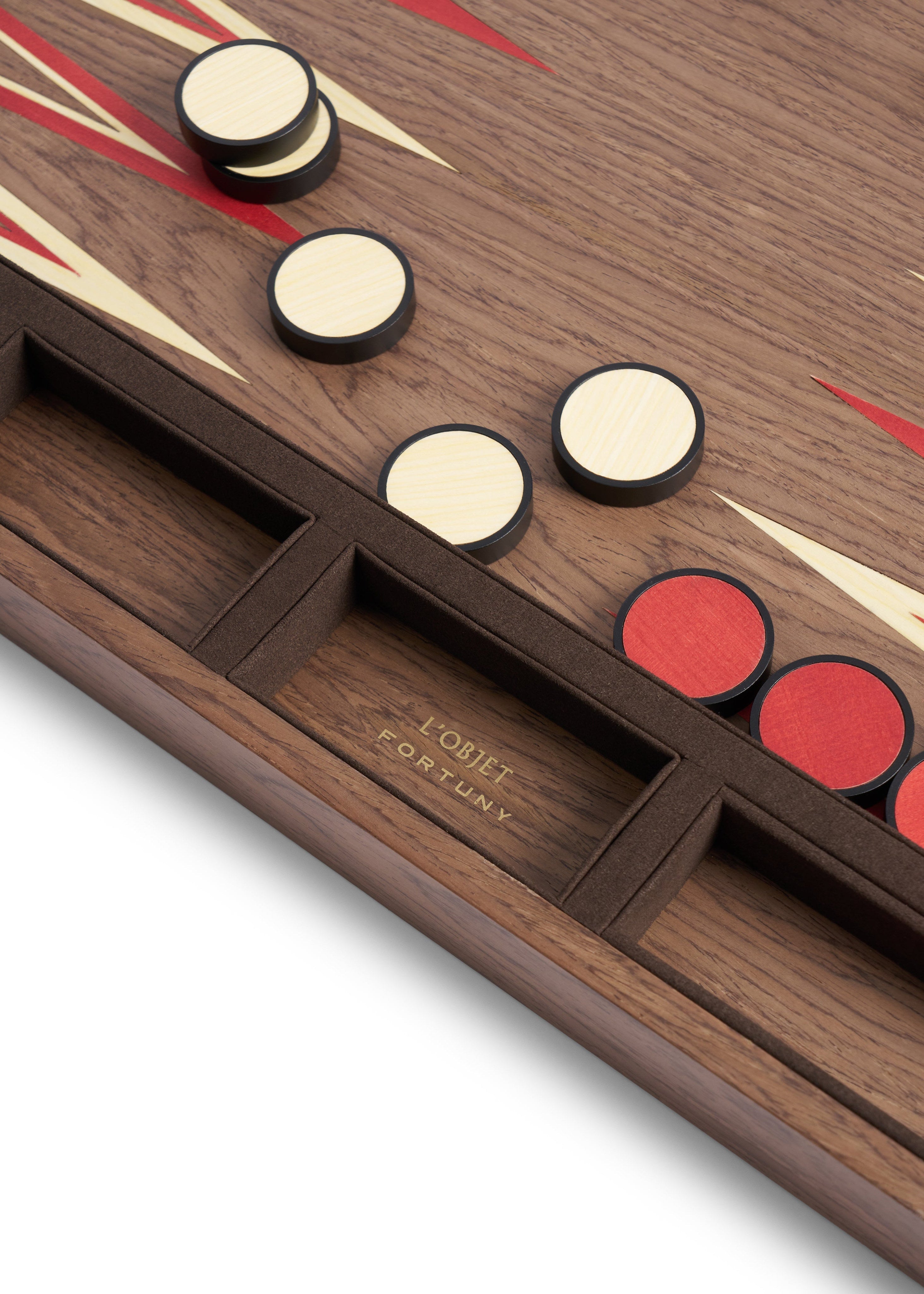 Fortuny Backgammon - Laotze/Oxblood Spice — close-up of wooden game board with checkers