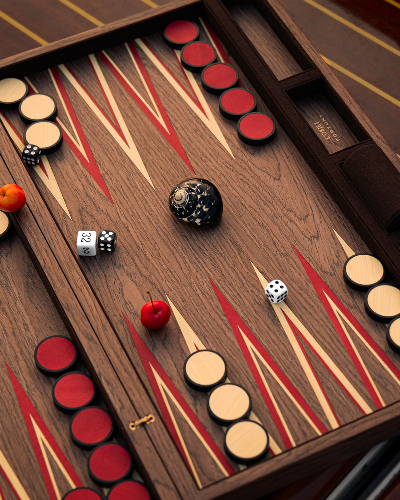 Fortuny Backgammon - Laotze/Oxblood Spice — close-up of wooden game board with red and cream inlays