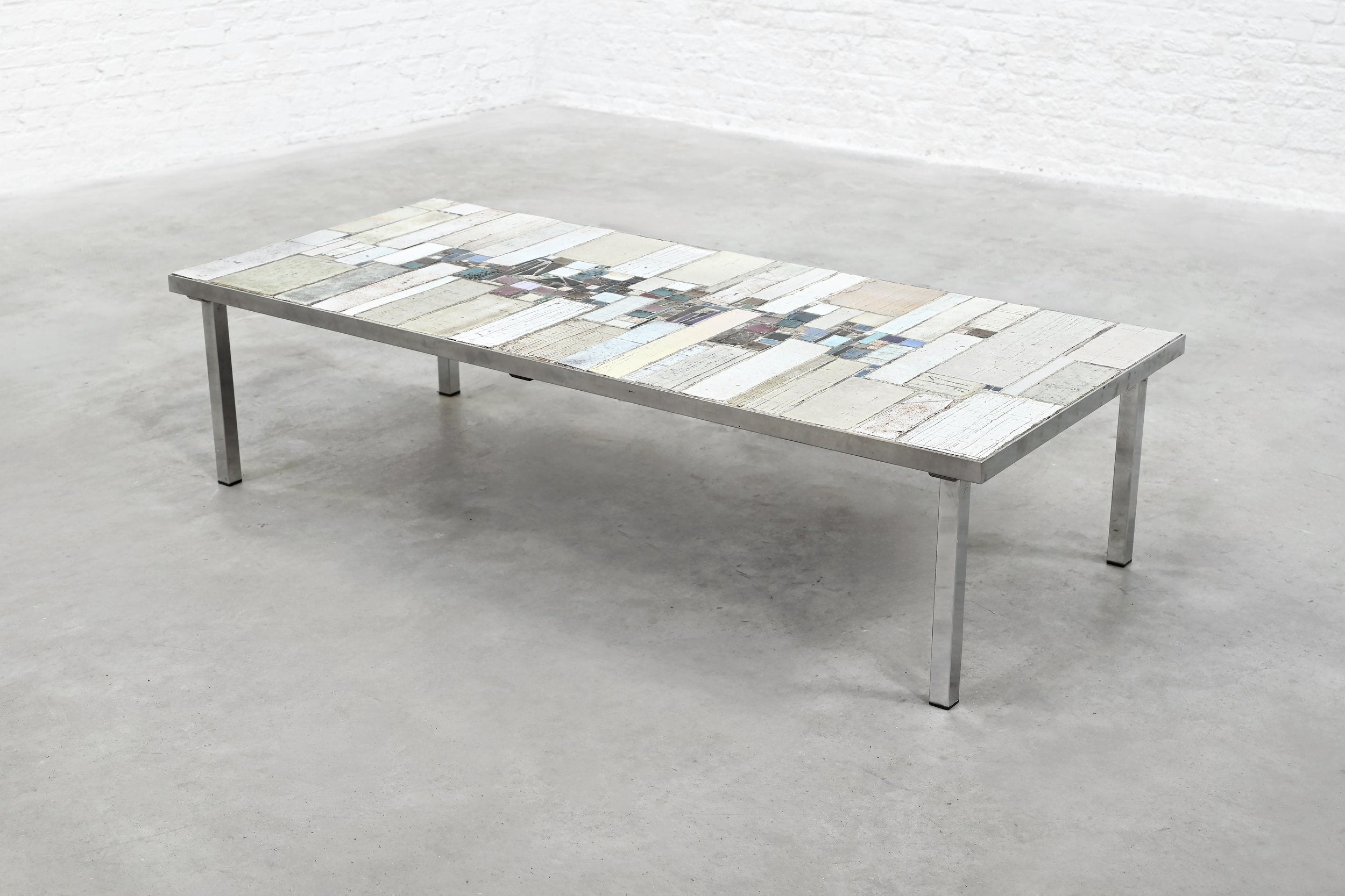 Brutalist Coffee Table by Pia Manu — top view of mosaic surface with metal legs