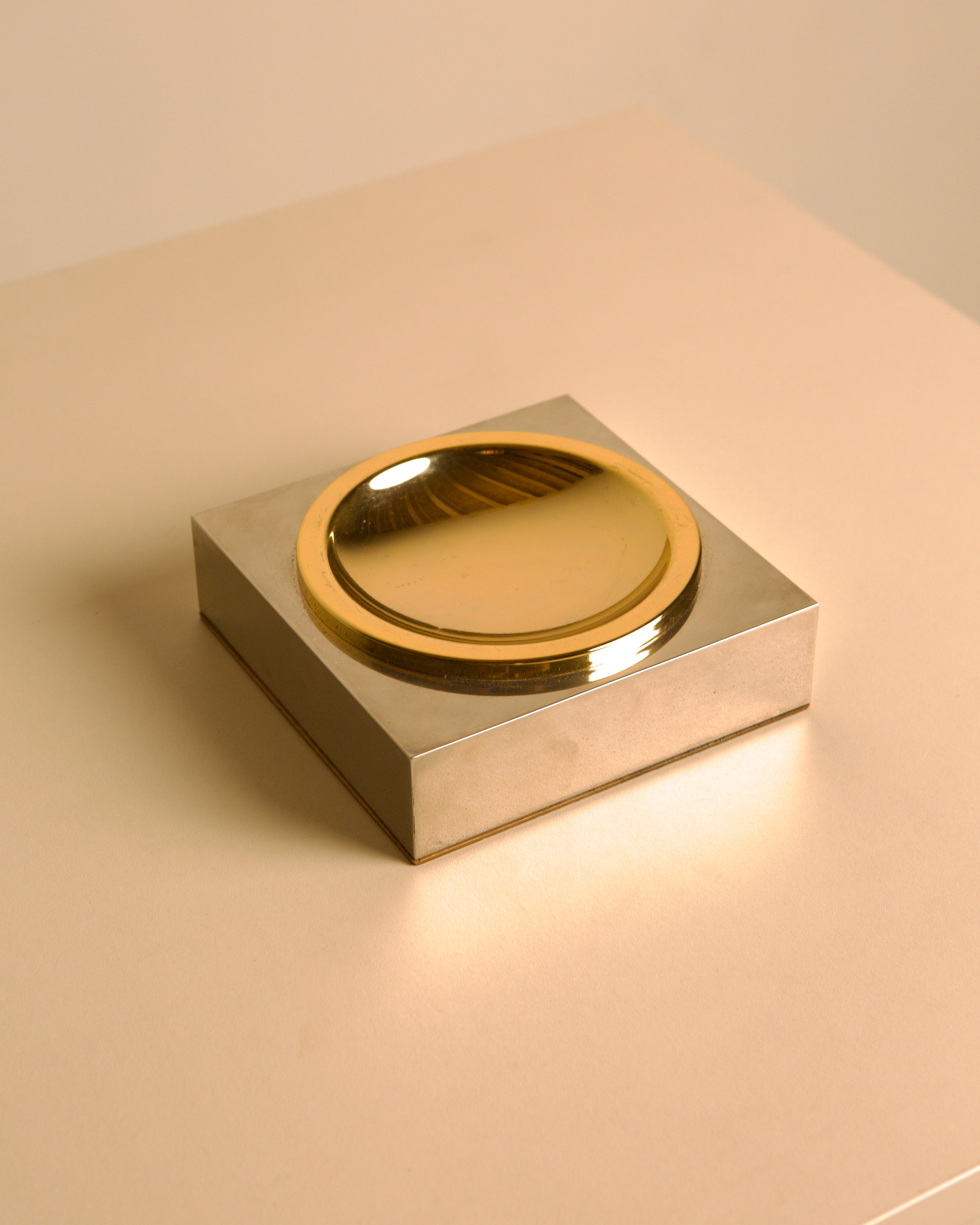 Square gold and silver-tone metal dish, Hollywood Regency style, Italy, 1970s — side angle