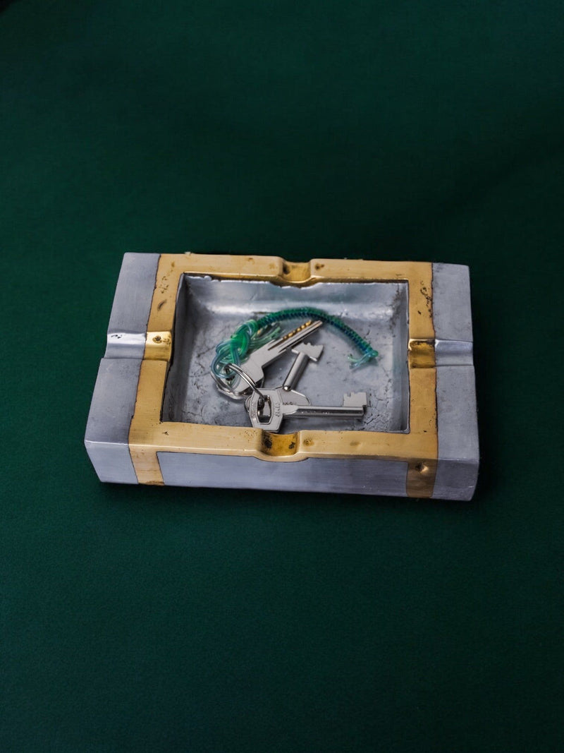 Brutalist Ashtray by David Marshall, 1970s — close-up of metallic surface with keys