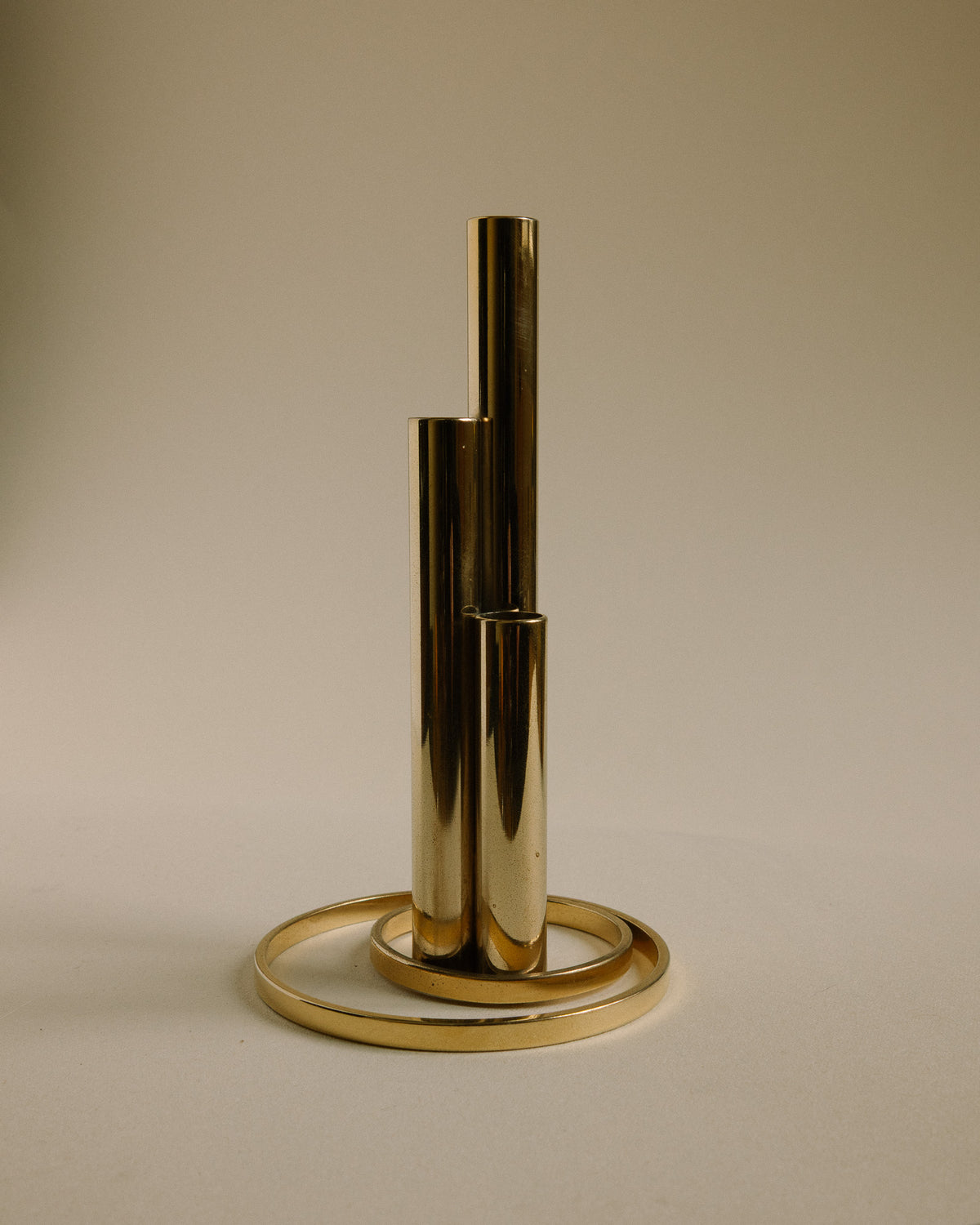 Italian 24kt Gold-Plated Soliflore Vase — Modernist Triple Tube Design, c. 1970s — lifestyle setting