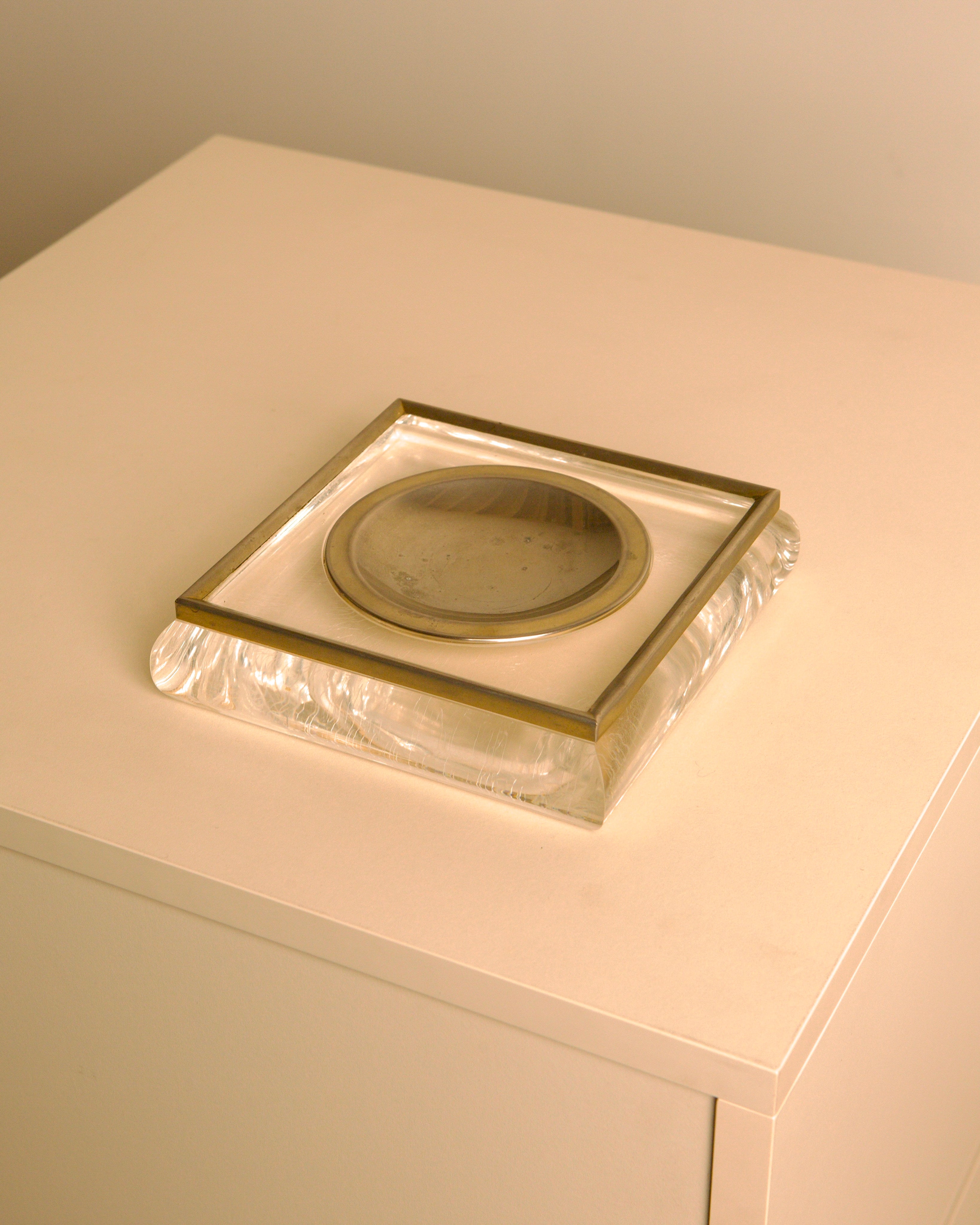 Italian square Plexiglas and metal catch-all tray, 1960s — side angle