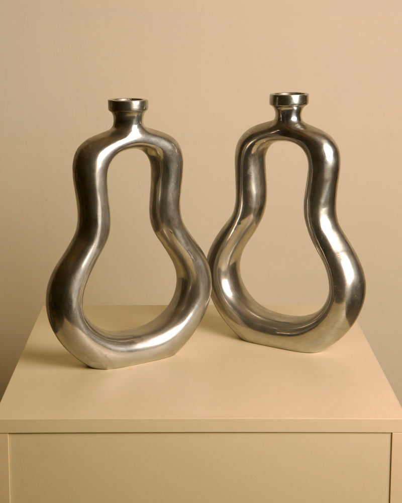 Pair of Italian Cast Aluminum Vases 1980s by Treaptyque | The Oblist — metallic finish, vintage design