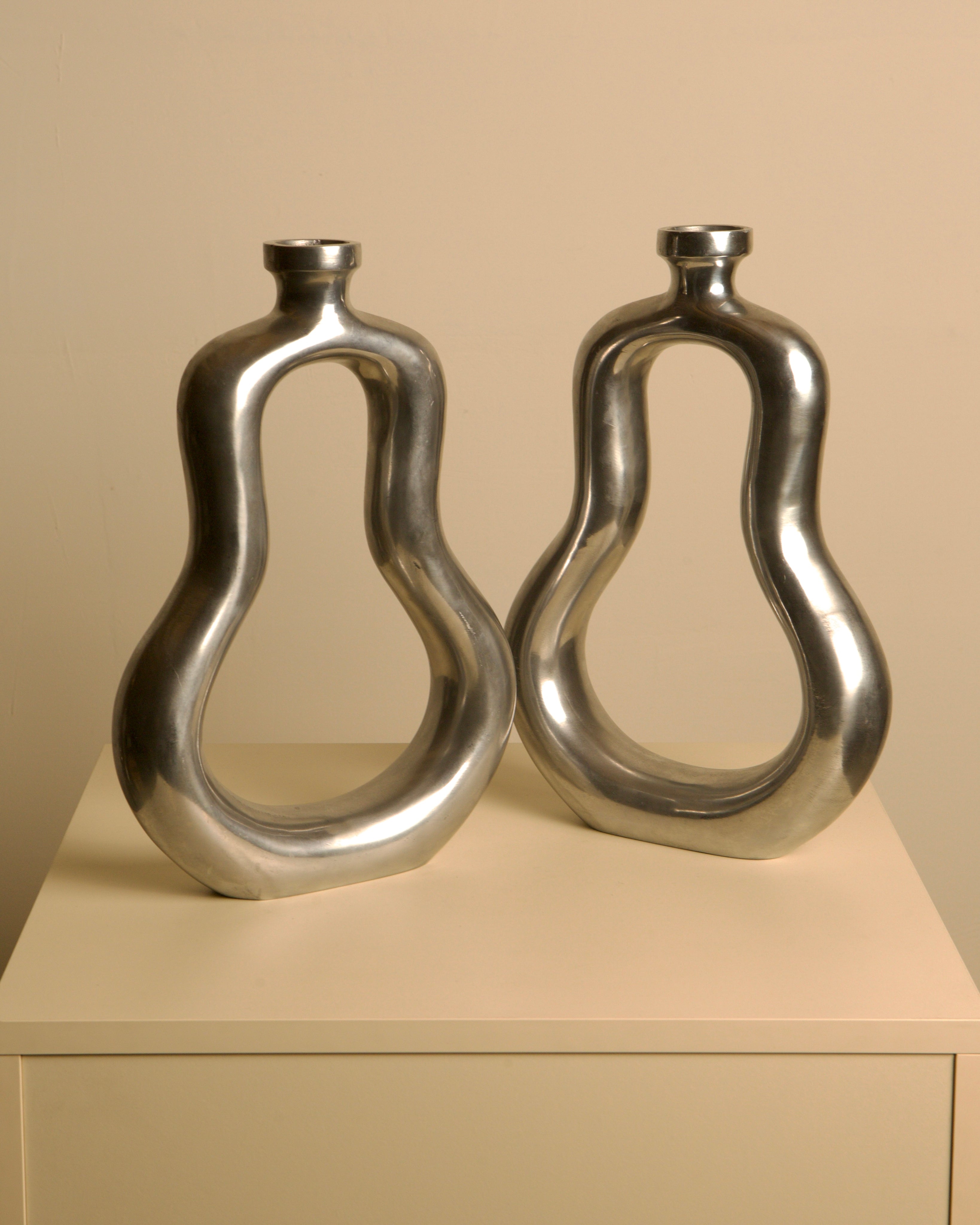 Pair of Italian Cast Aluminum Vases 1980s by Treaptyque | The Oblist — metallic finish, vintage design