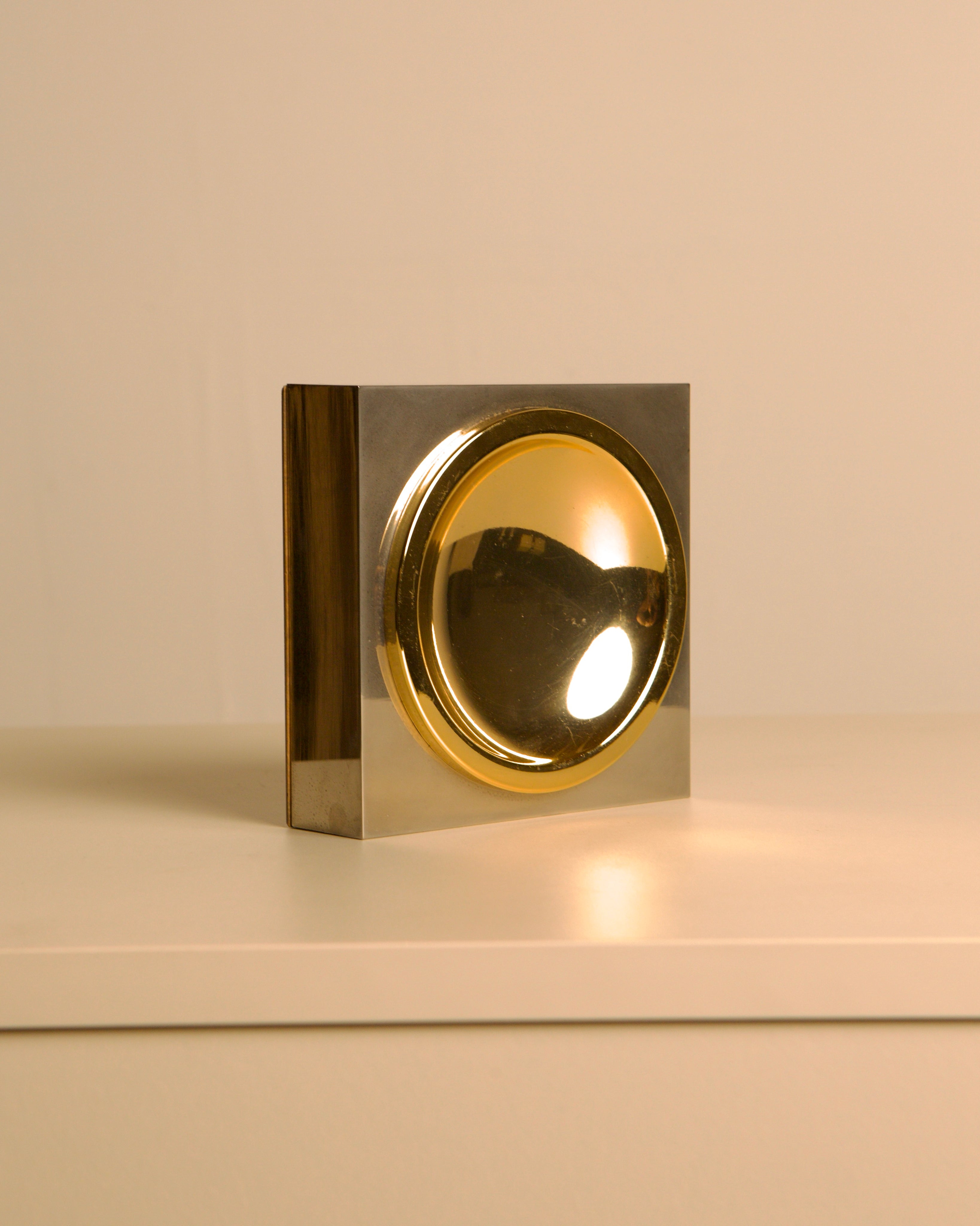 Square gold and silver-tone metal dish, Hollywood Regency style, Italy, 1970s — lifestyle setting