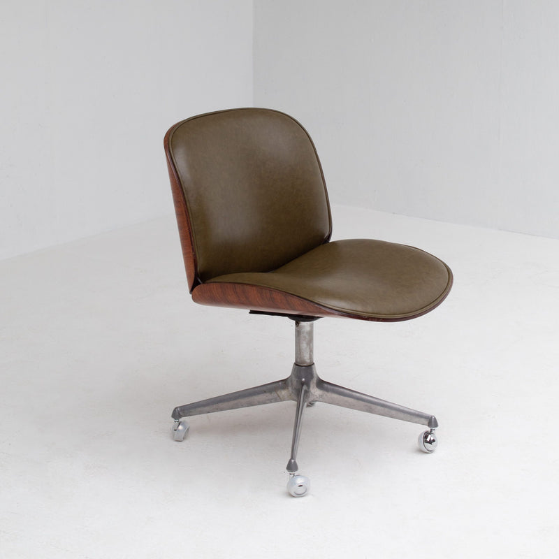 Ico Parisi Office Chair in Wood and Metal — angled view showing green leather seat