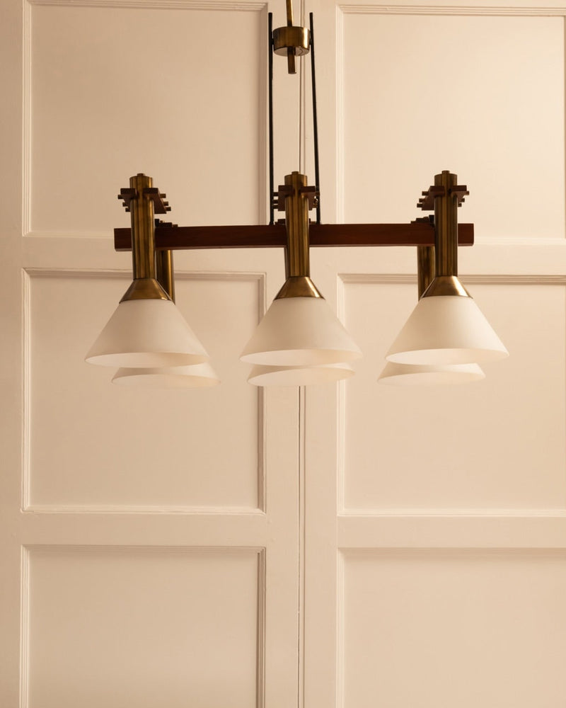 Six-light pendant lamp by Galerie Vauvart | The Oblist — brass and glass design