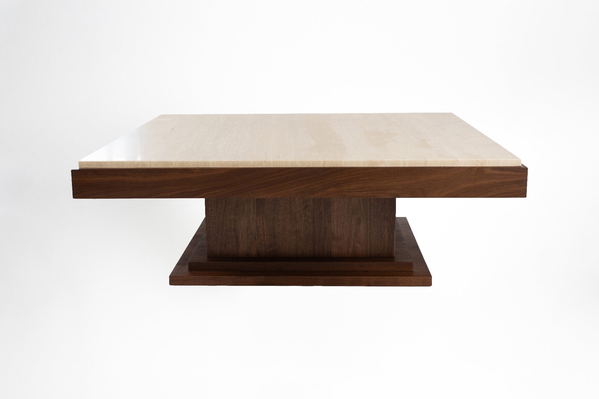 Sofa Table 01 Walnut Wood and Travertine — front view highlighting travertine top