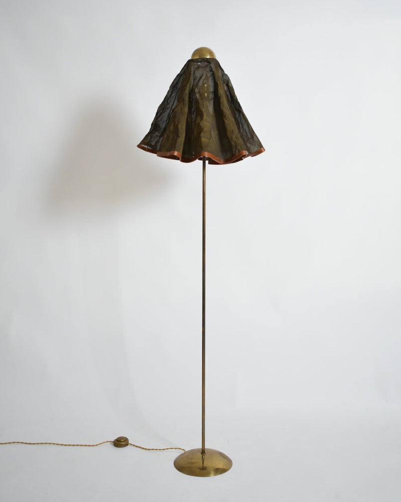 Brass, Brass Fabric and Leather Floor Lamp, 1960s by Barracuda Interiors | The Oblist — vintage brass and fabric design