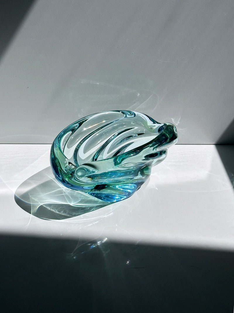 Clear glass vide-poches with swirled teal accents by Jaroslav Beranek