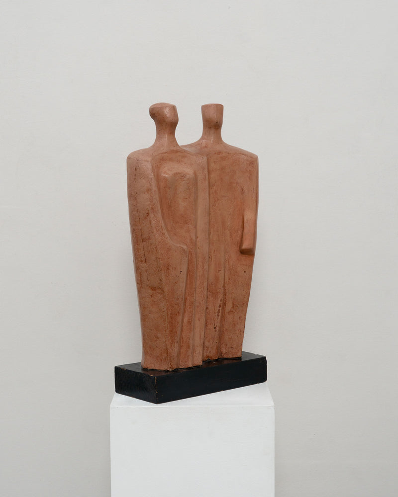 Terracotta figurative sculpture by Eugen Clermont on pedestal