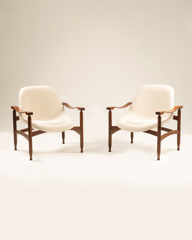 Pair of vintage Tiki armchairs with cream upholstery and wood frame