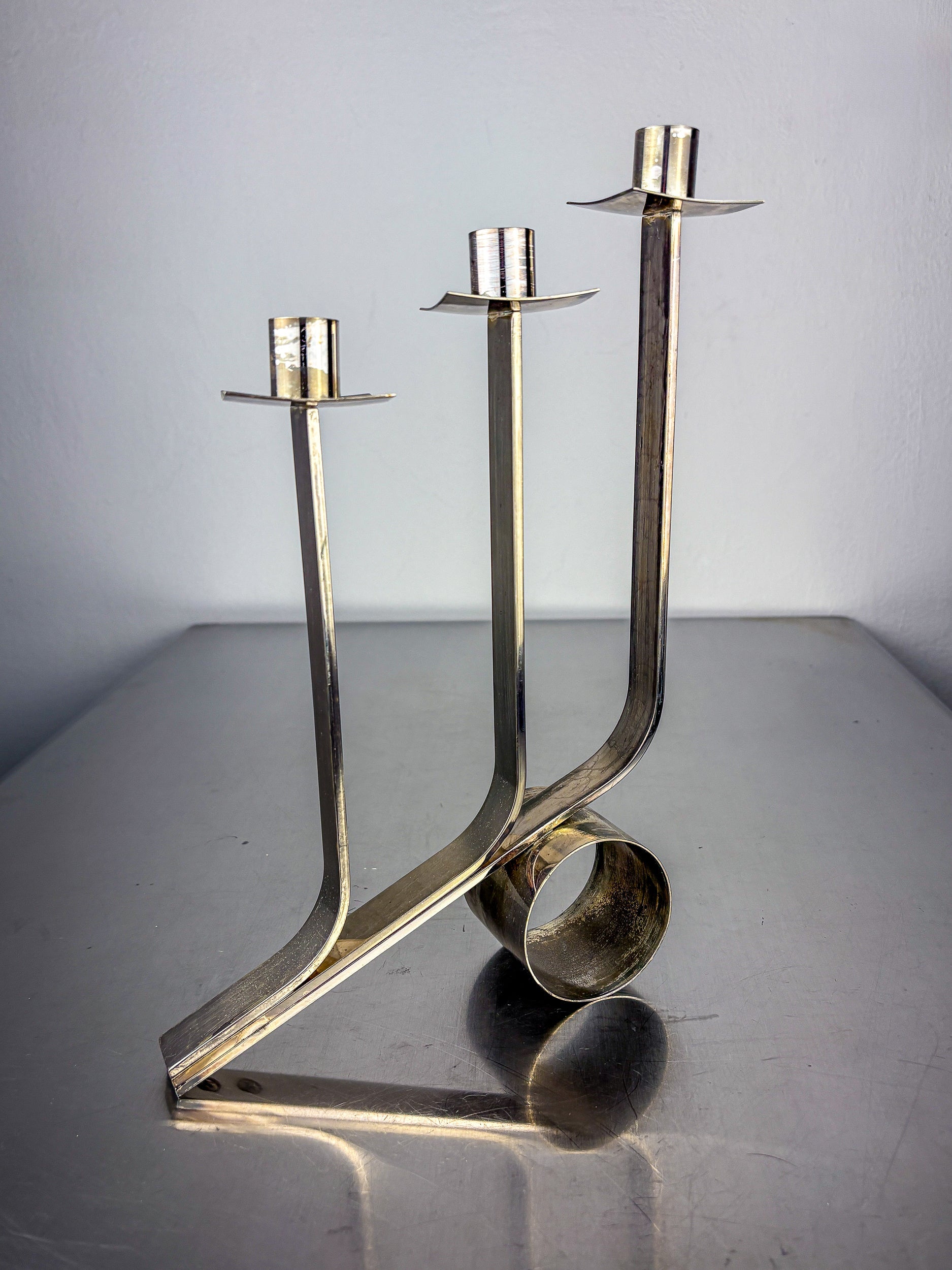 Art Deco 3-Flame Candelabra in Stainless Steel, France Circa 1970s — lifestyle setting