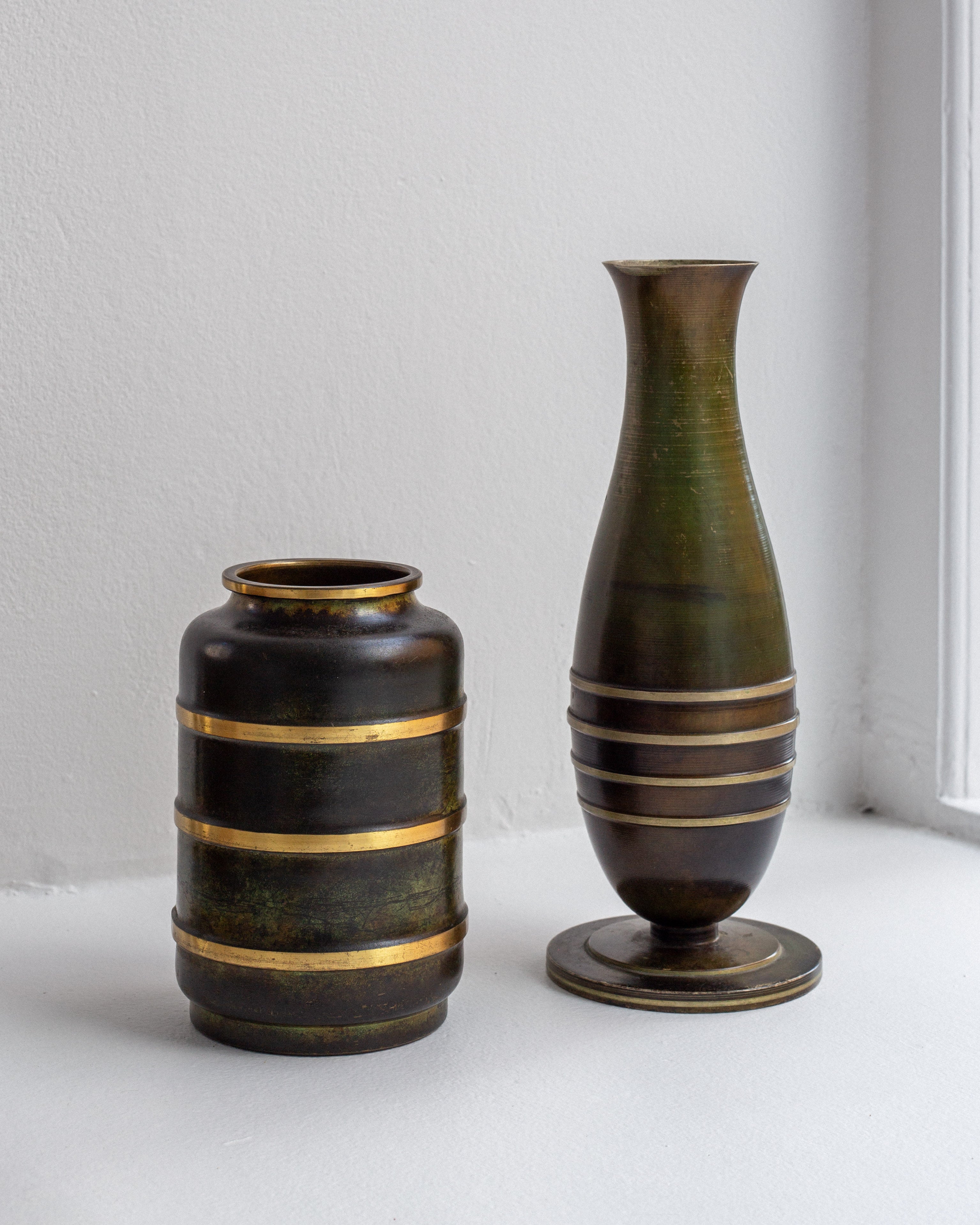 Pair of Modernist Bronze and Brass Vases