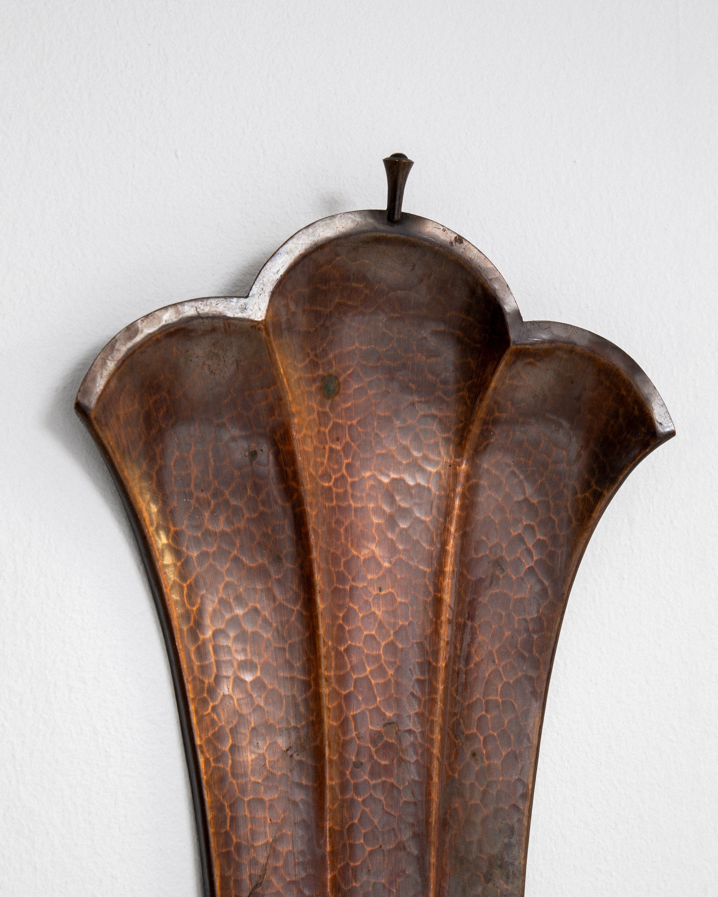 Pair of Swedish Art Deco Copper Wall Sconces, 1930s — close-up of hammered copper texture