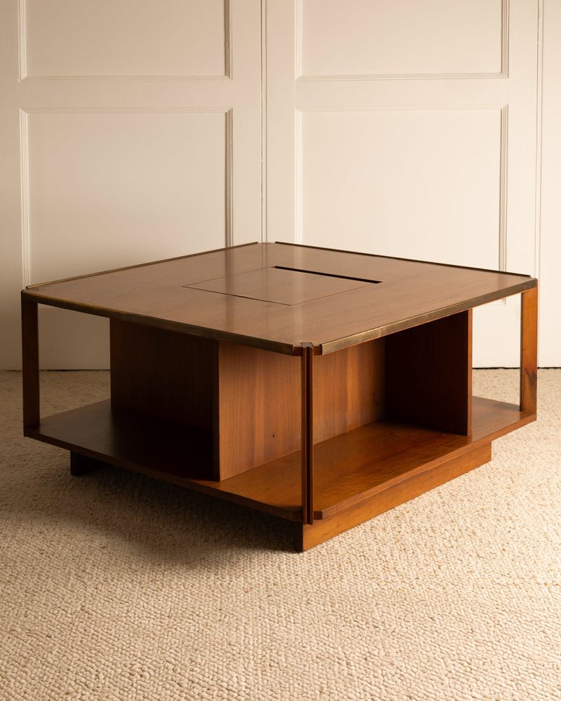 Zanuso mid-century modern coffee table with glass top, corner view