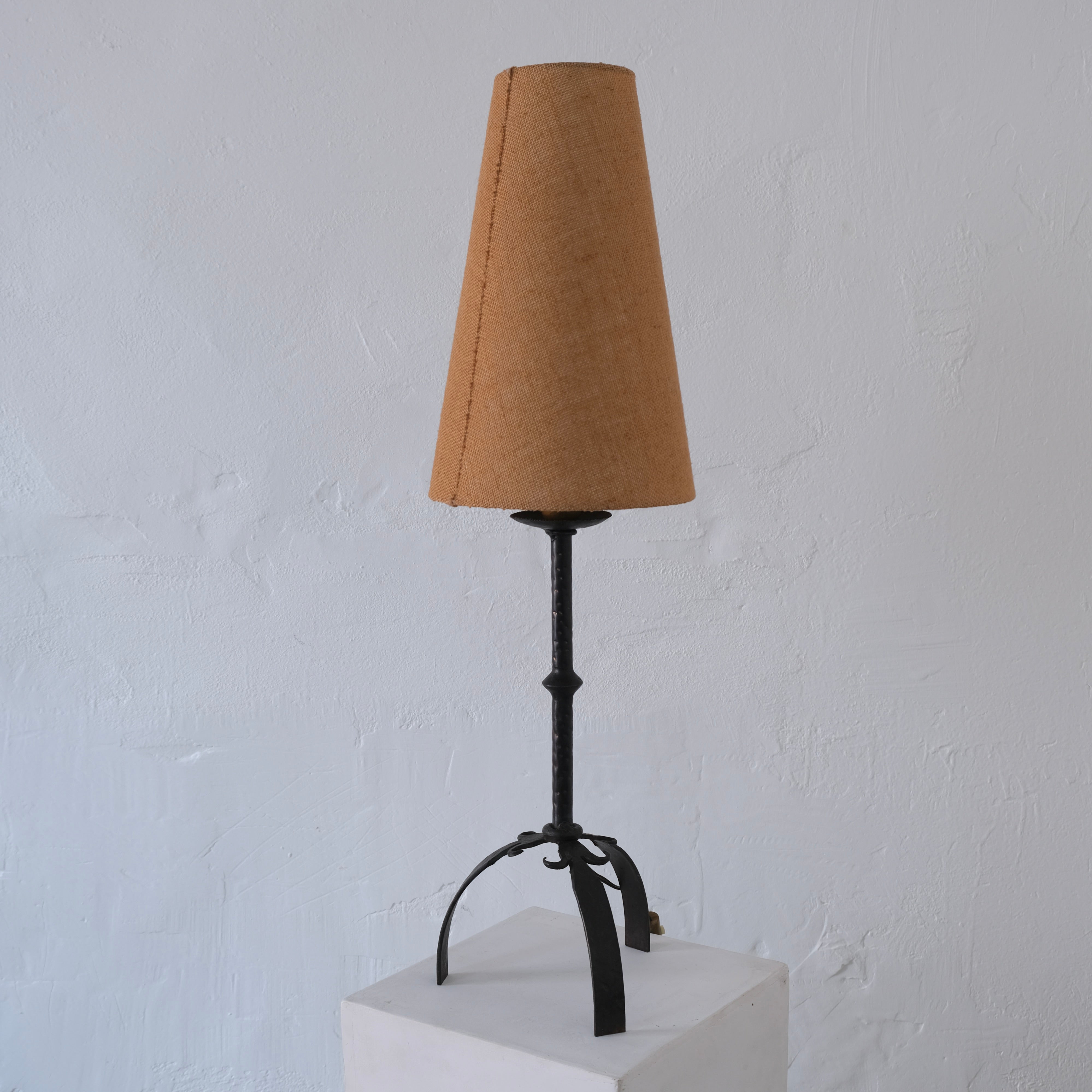 Brutalist Wrought Iron Table Lamp | 1970s — back view highlighting fabric shade