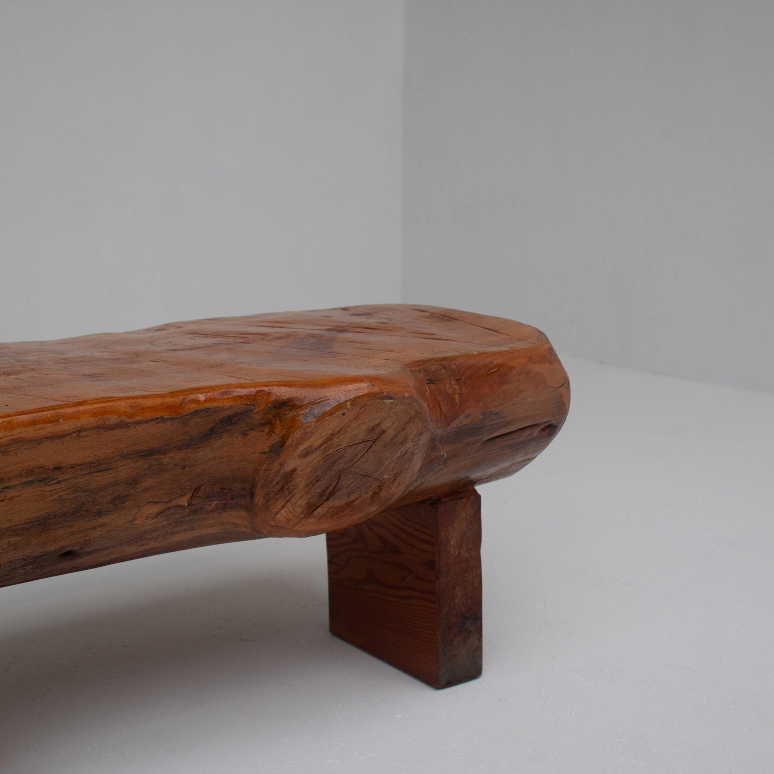 Pair of Rustic Wooden Sculptural Benches in Solid Wood — close-up of natural wood grain detail
