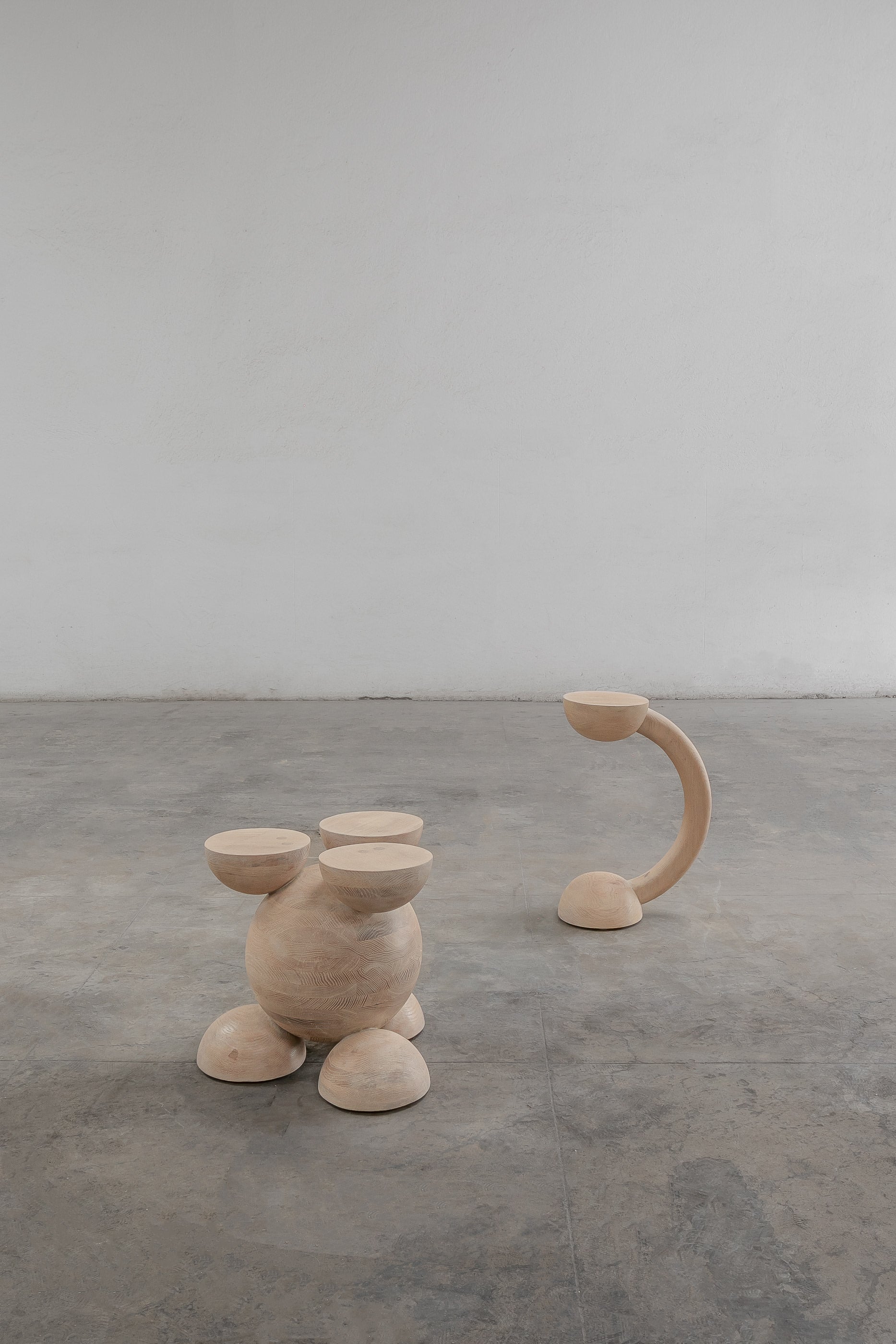 Solid Oak Sculptural Stool - BLEO III by Daniel Couttolenc, Cream Wash Finish — side angle
