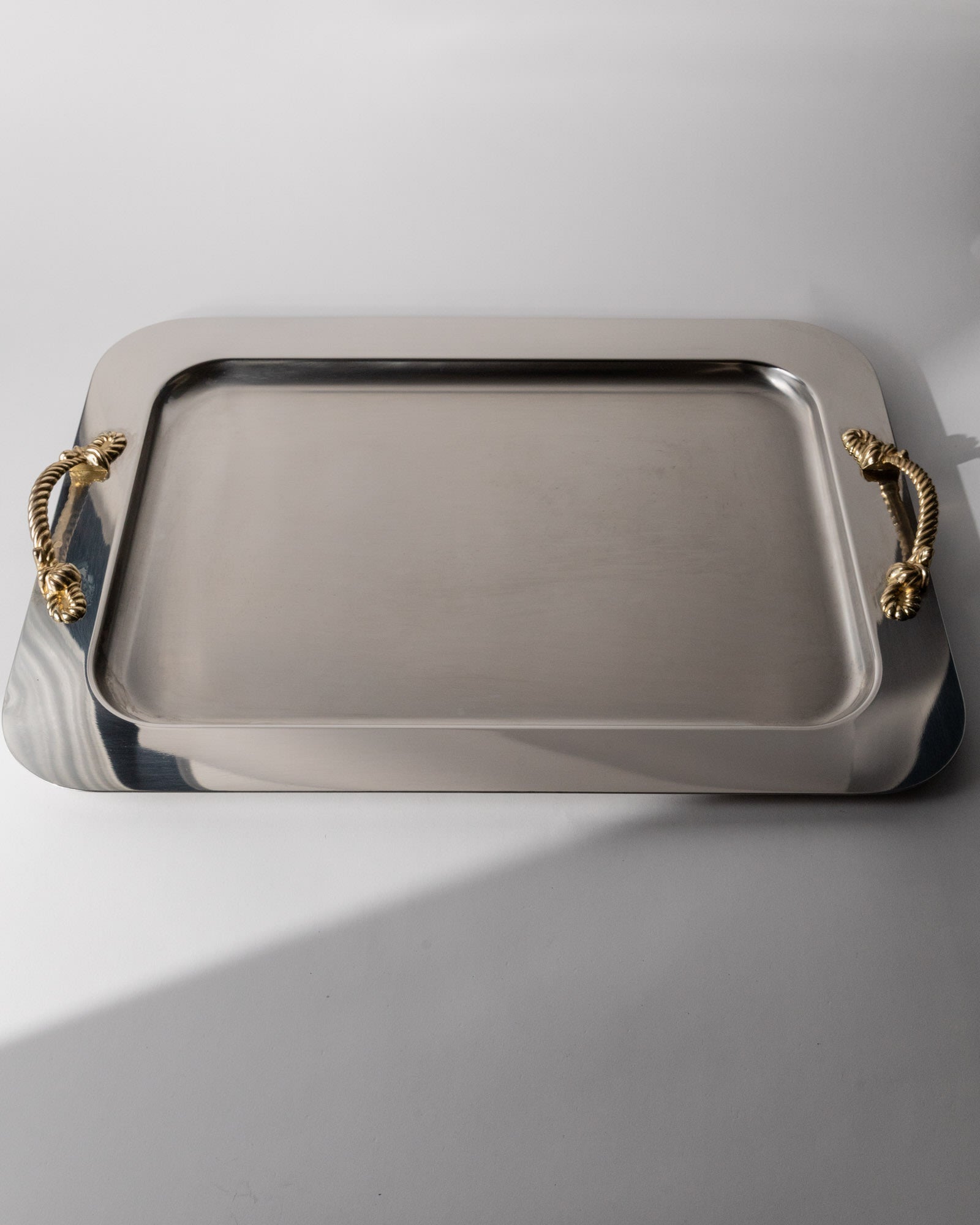 1980s Stainless Steel Tray, Gold Rope Handles by Inoxpran, Italy