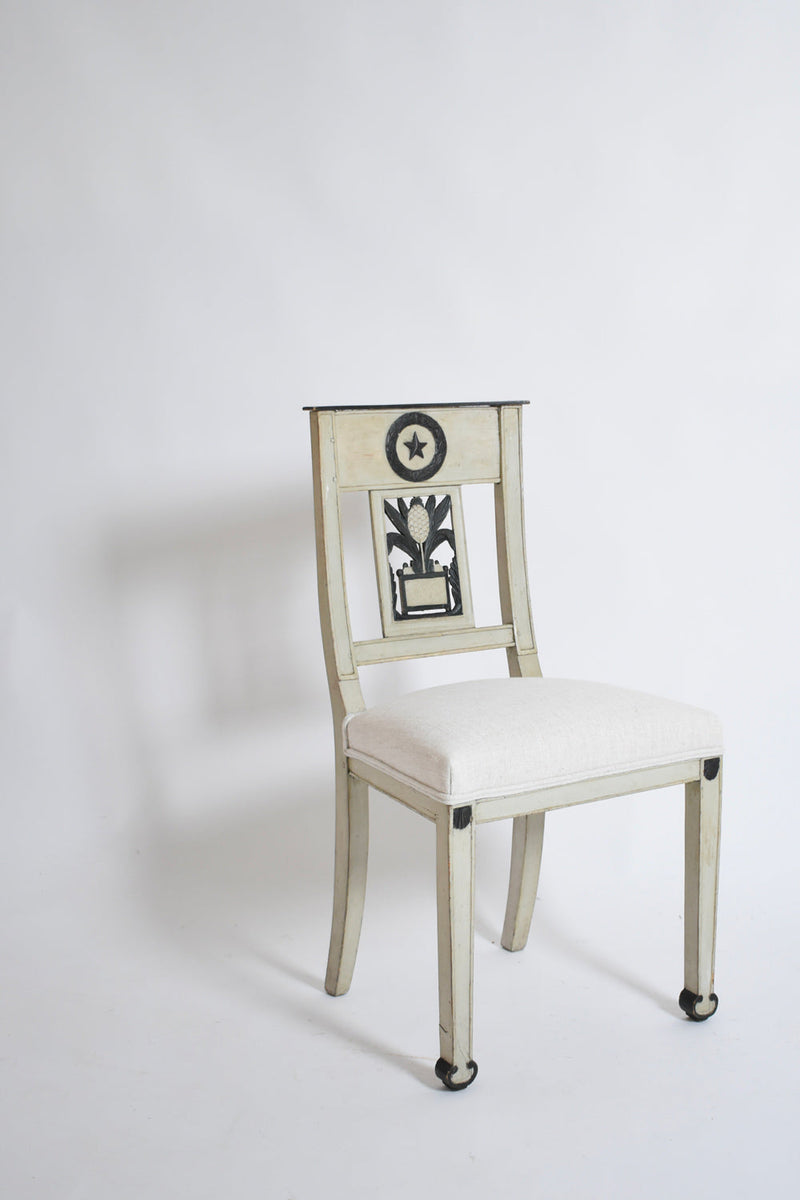 Neoclassical Pineapple Chairs, 1960s — detail of painted wood backrest with floral motif