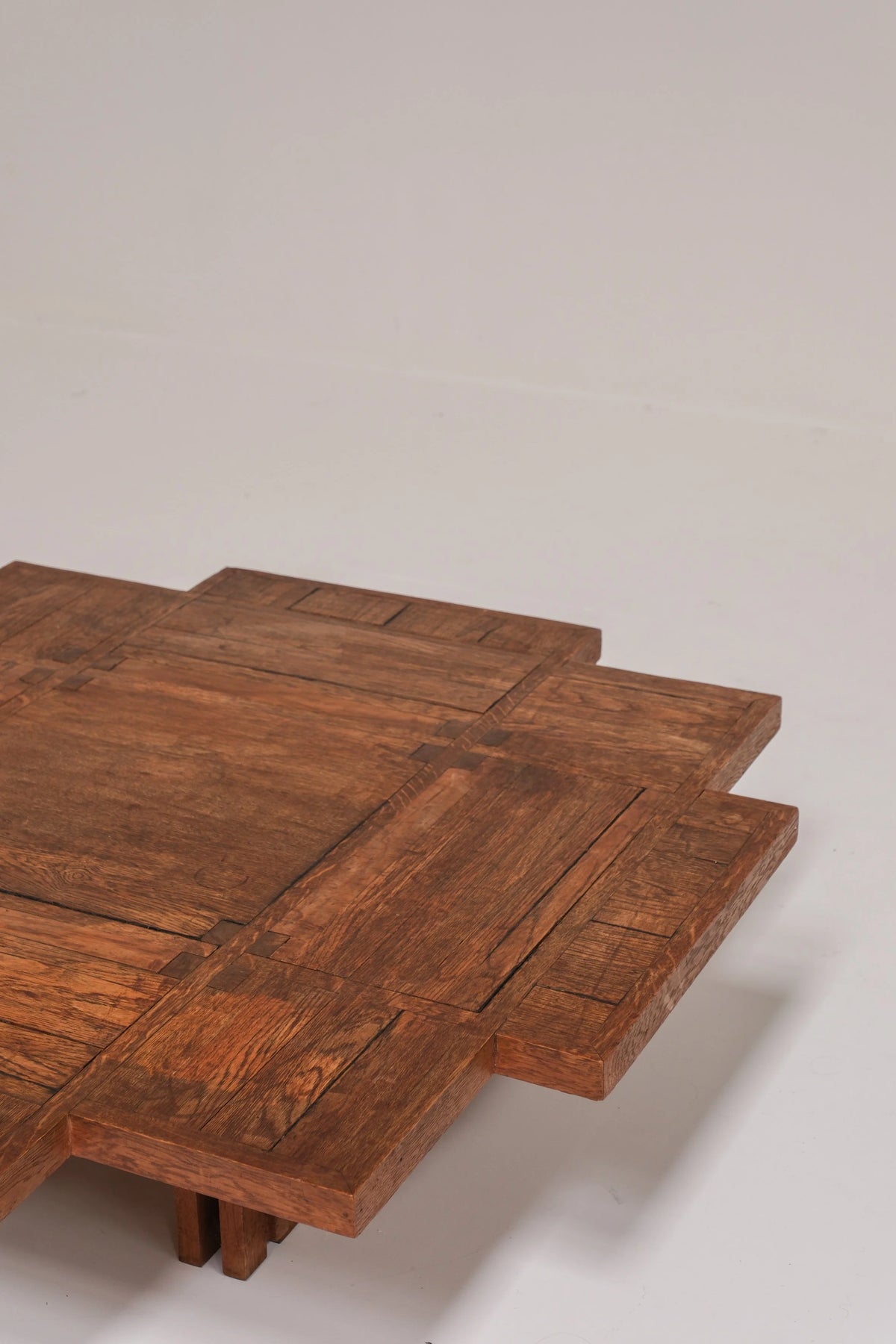 Unique Dutch Brutalist Square Oak Coffee Table, Netherlands, 20th Century — detail view