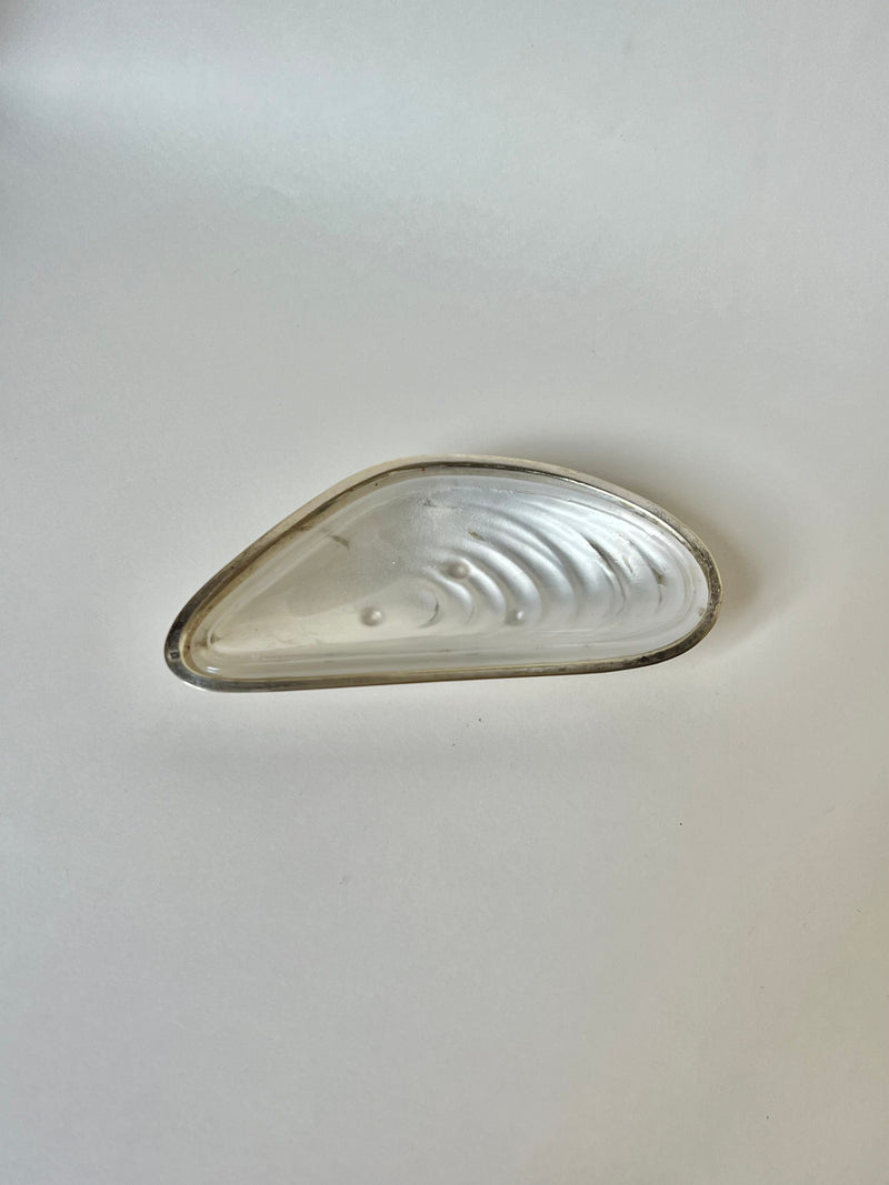 Clear glass mussel shell shaped butter dish on white background