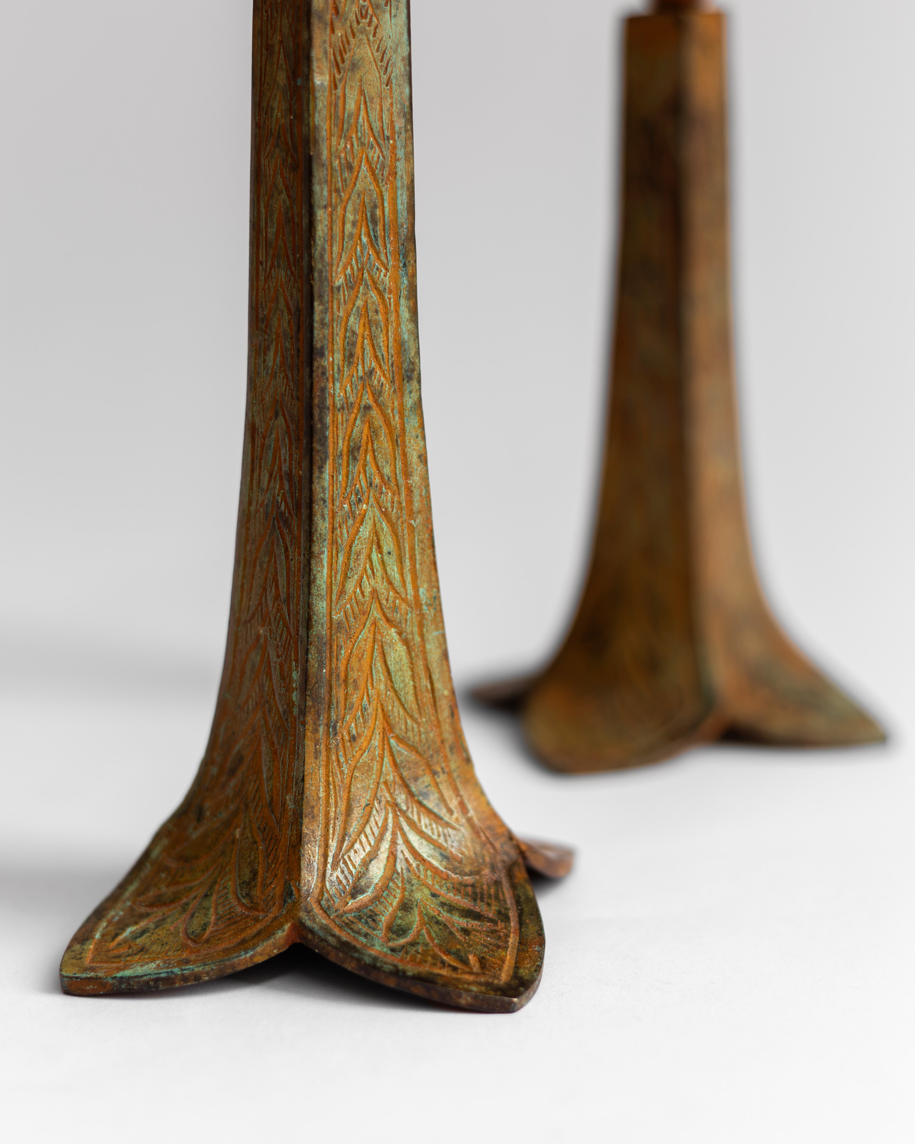 Pair of Sculptural Bronze Candlesticks/Vases with Patina — alternate view