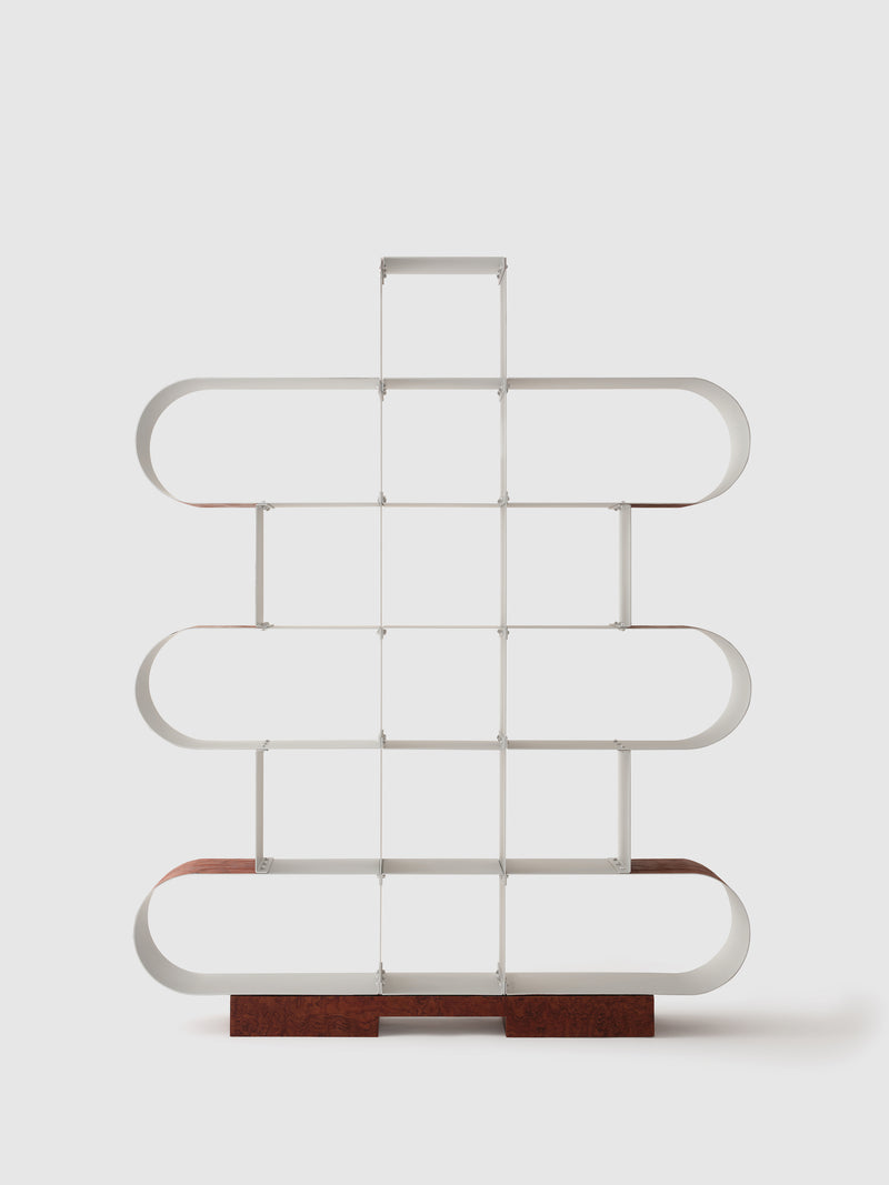 Modern aluminum shelving unit with curved white shelves and wood base