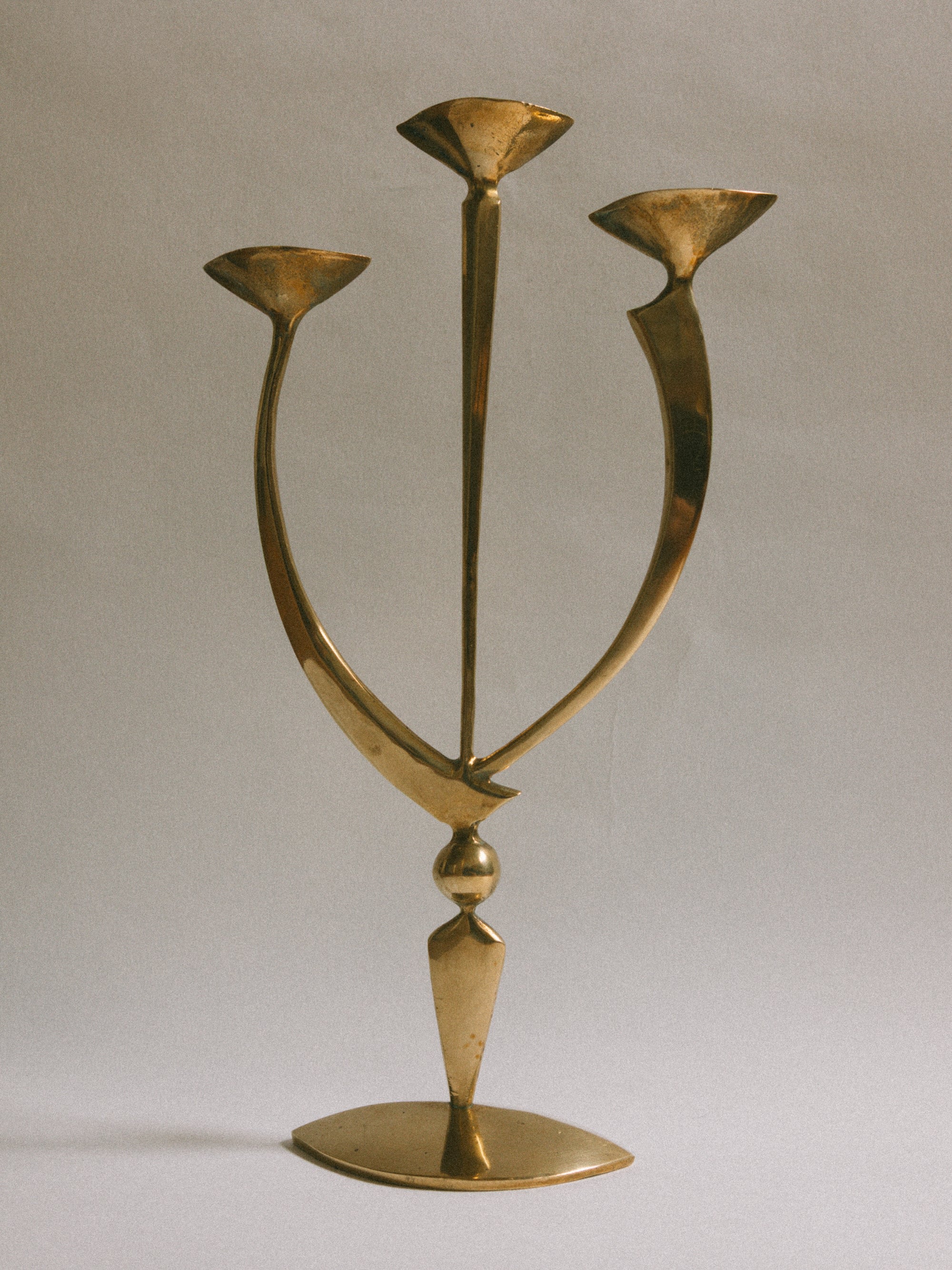 Mid-Century Brass Triple Candleholder, Germany - c. 1950s — detail view