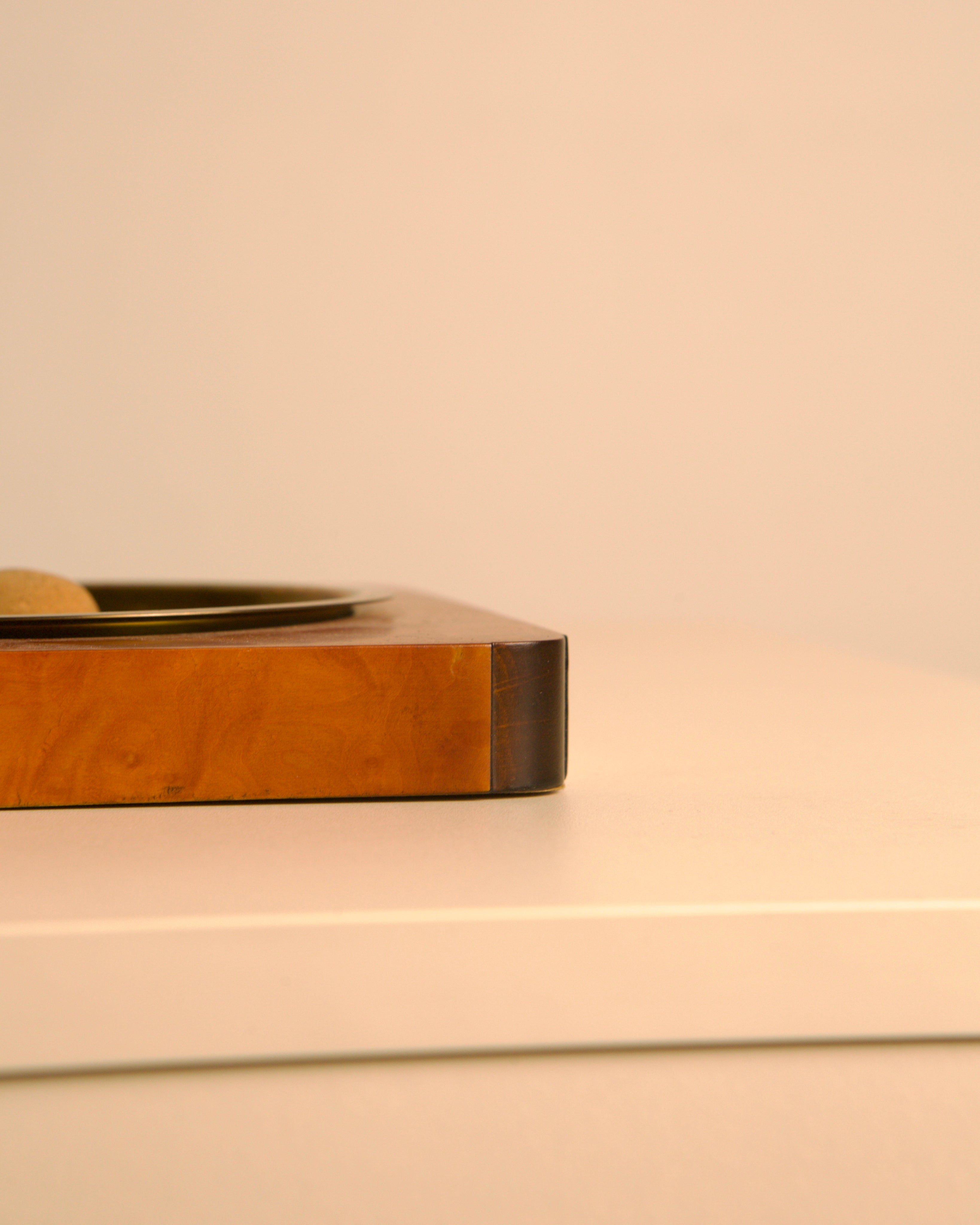 Italian Burl Wood & Brass Catchall Tray with Cork Ball, 1960s — close-up