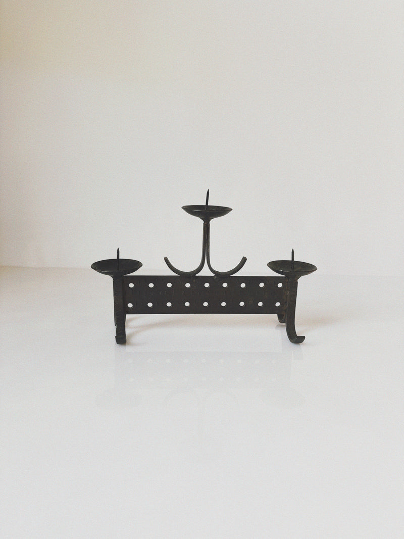 Geometric Hand Forged Metal Candlestick, Mid Century Poland — detail view
