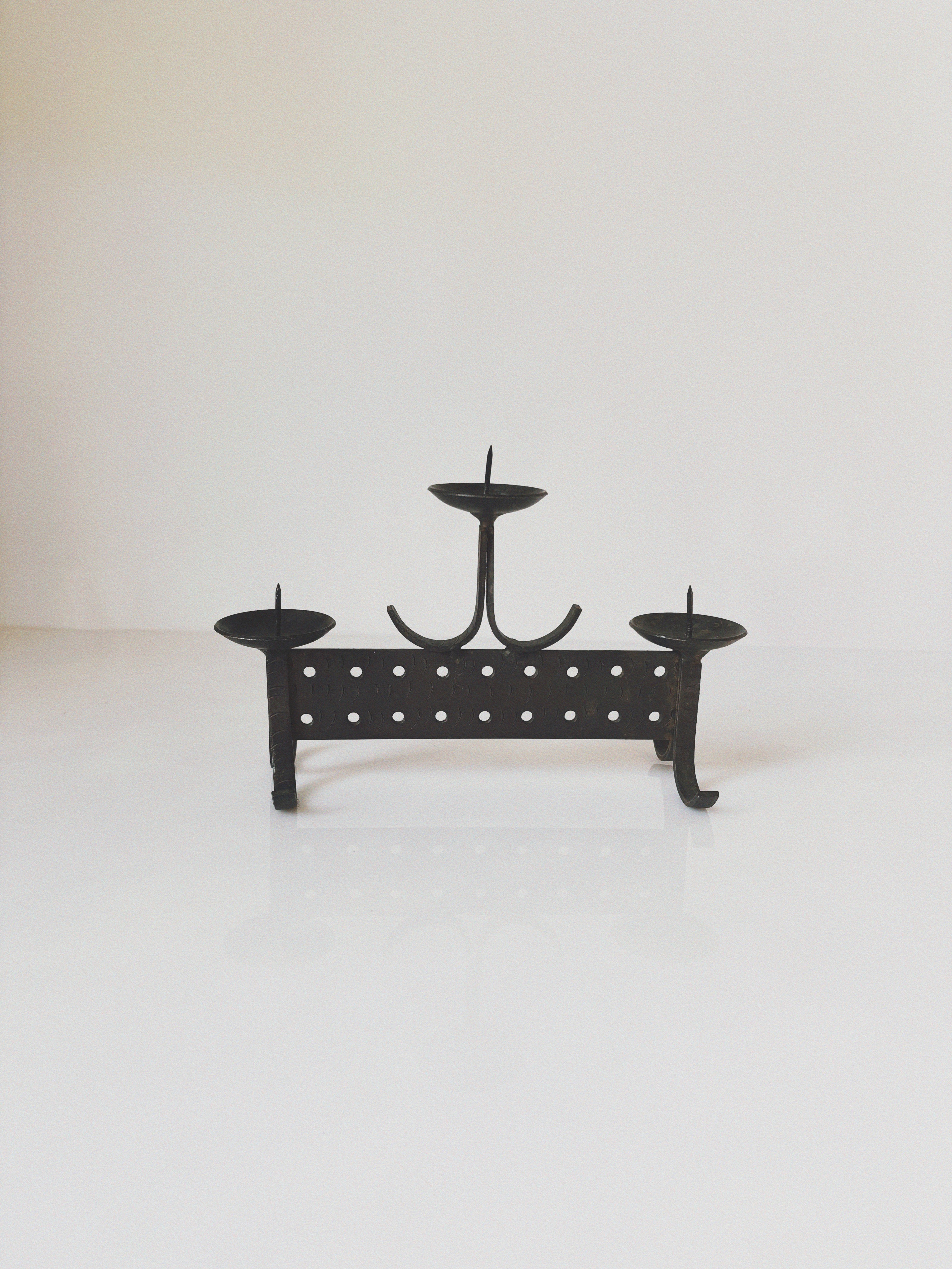 Geometric Hand Forged Metal Candlestick, Mid Century Poland — detail view
