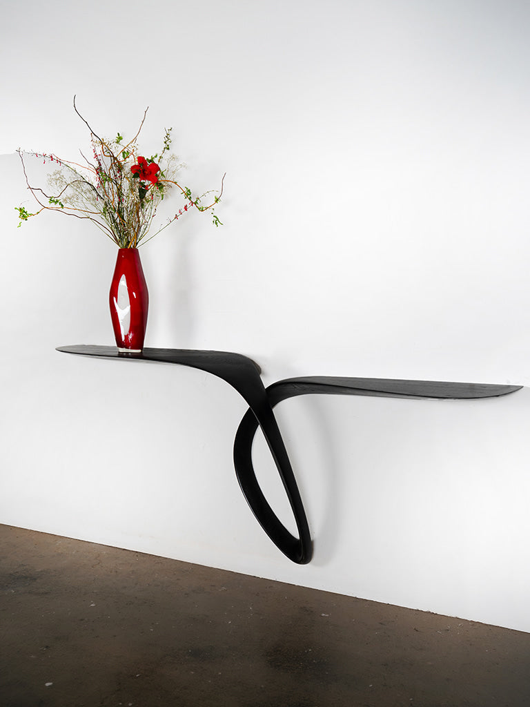 Sculptural Giv Wall Mounted Console Table in Ash wood Ebony stain by Amorph | The Oblist