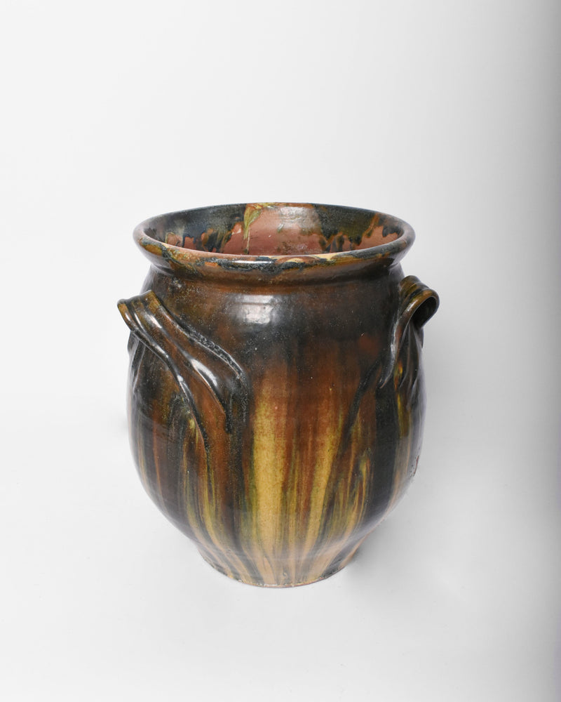 Green Blue and Yellow Ceramic Vase with Handles, 1950s — close-up showing textured ceramic surface