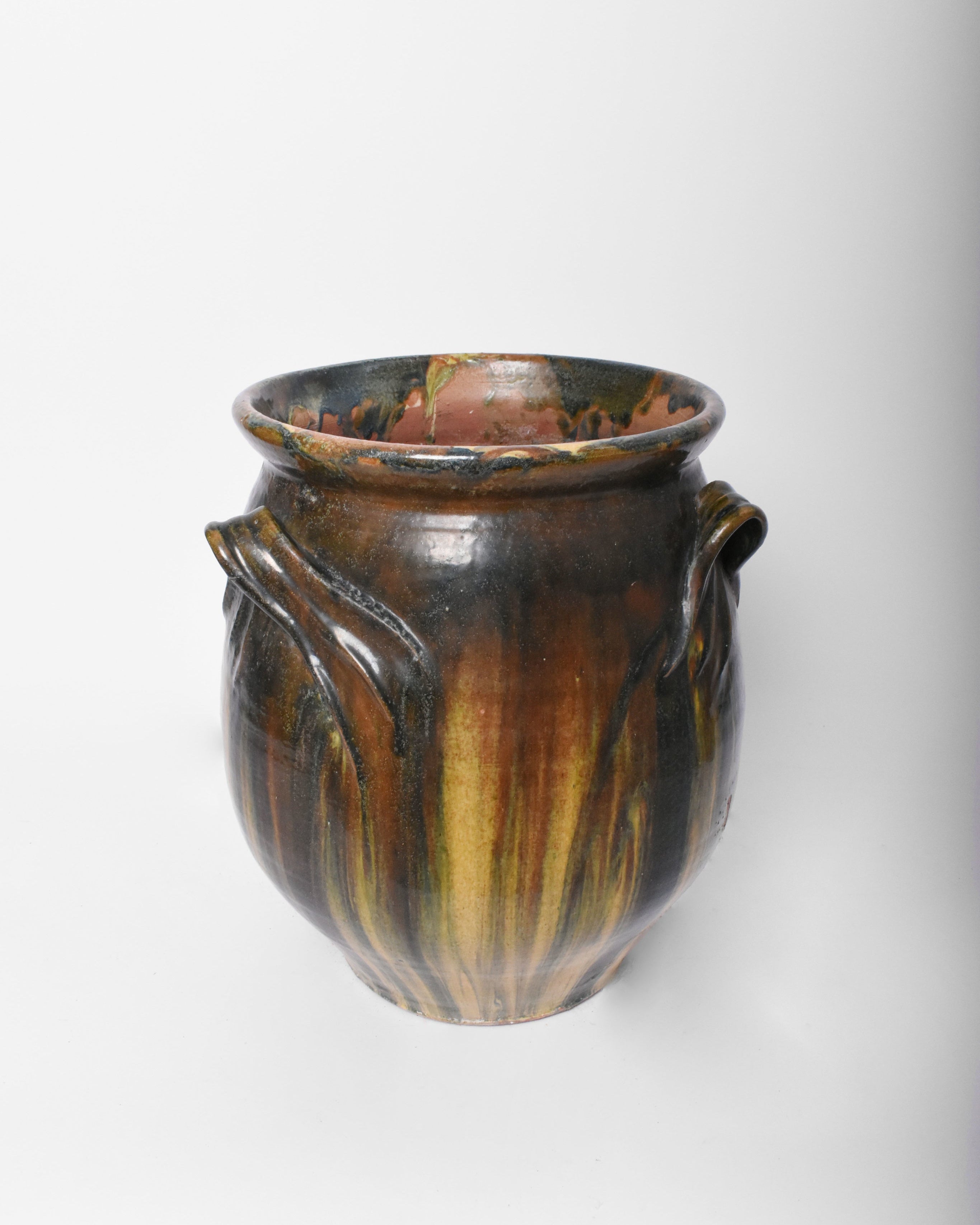Green Blue and Yellow Ceramic Vase with Handles, 1950s — close-up showing textured ceramic surface