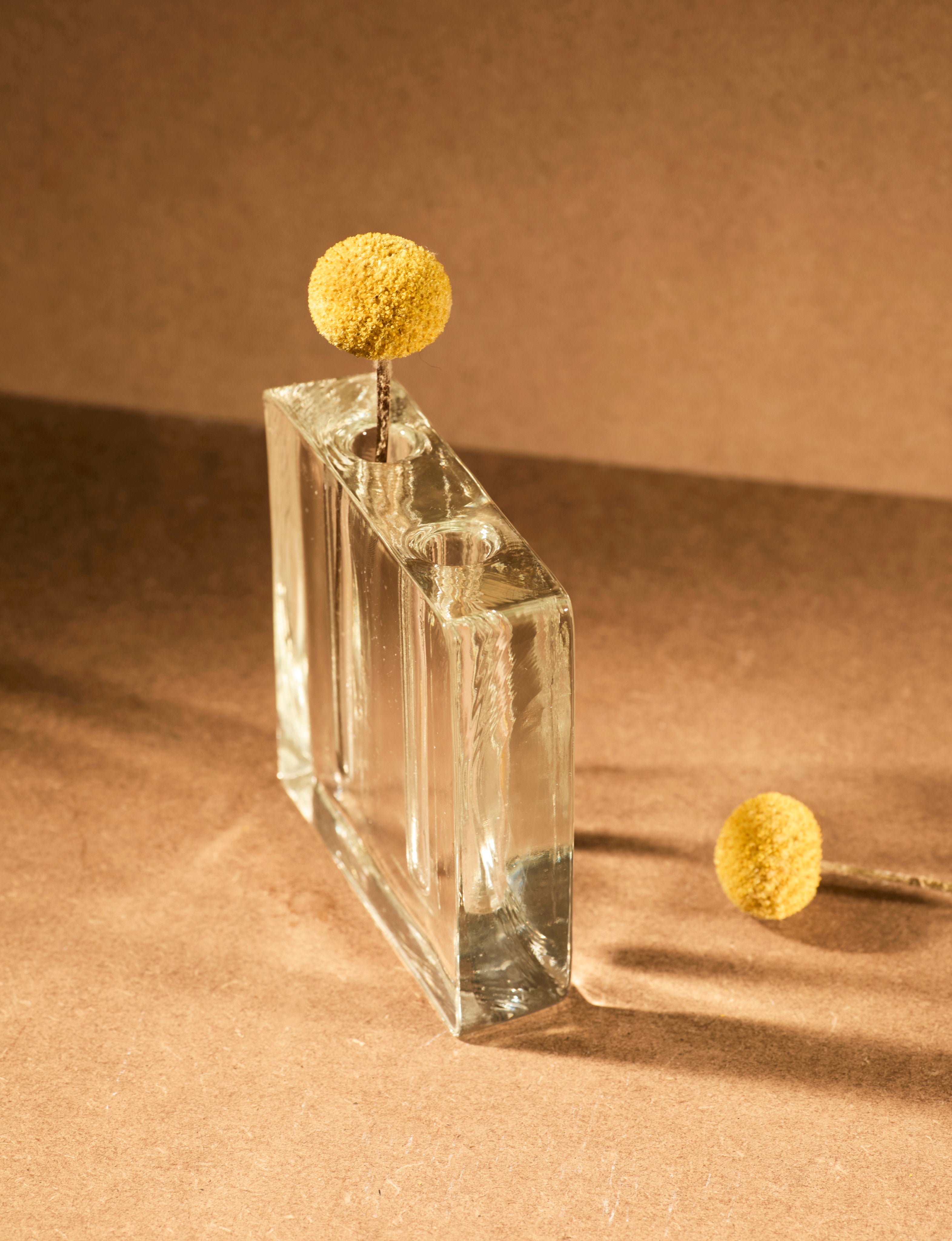 Vintage Scandinavian Clear Vase in Glass c. 1960 — top view with yellow floral accents