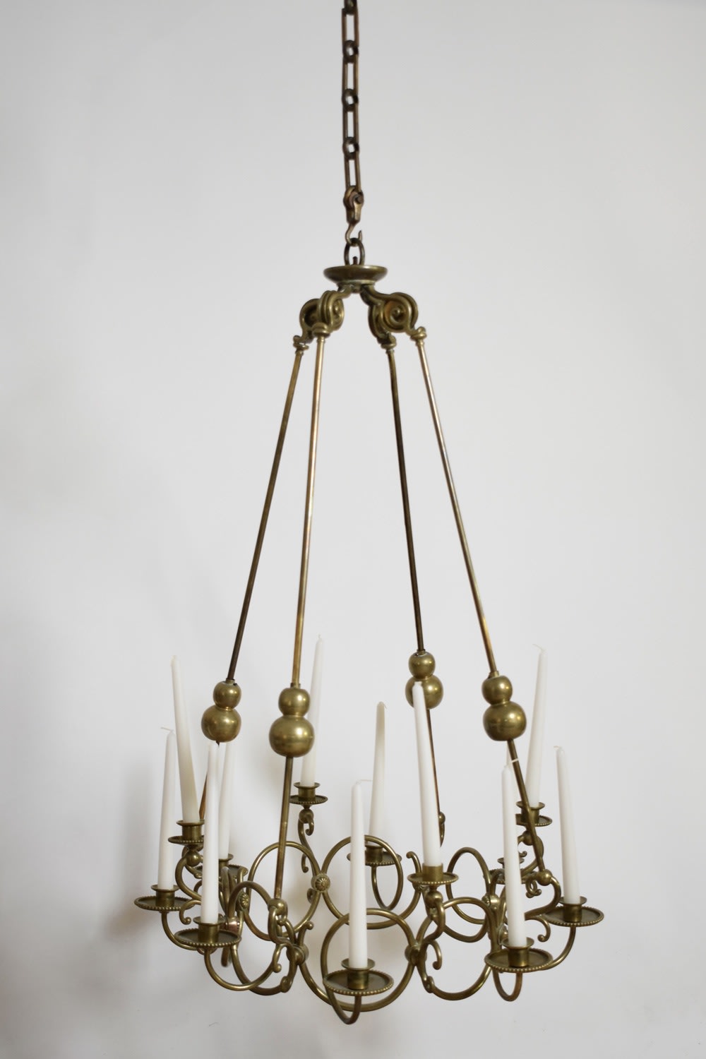 Bronze and Brass 12 Candles Ceiling Lamp, 19th c. — side angle showing hanging design and candle holders