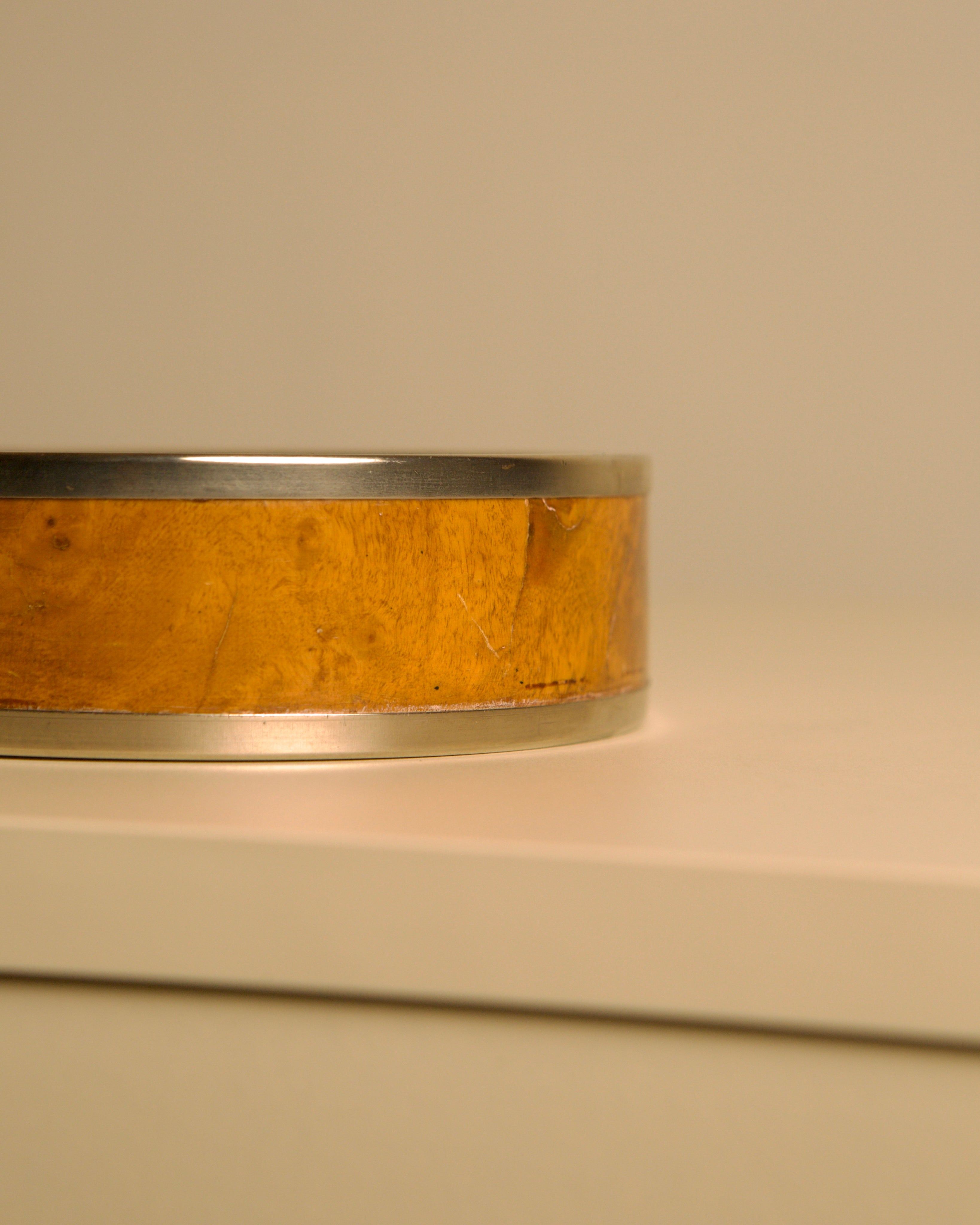 Poplar Burl Wood and Metal Trinket Tray, 70s — side view on neutral surface