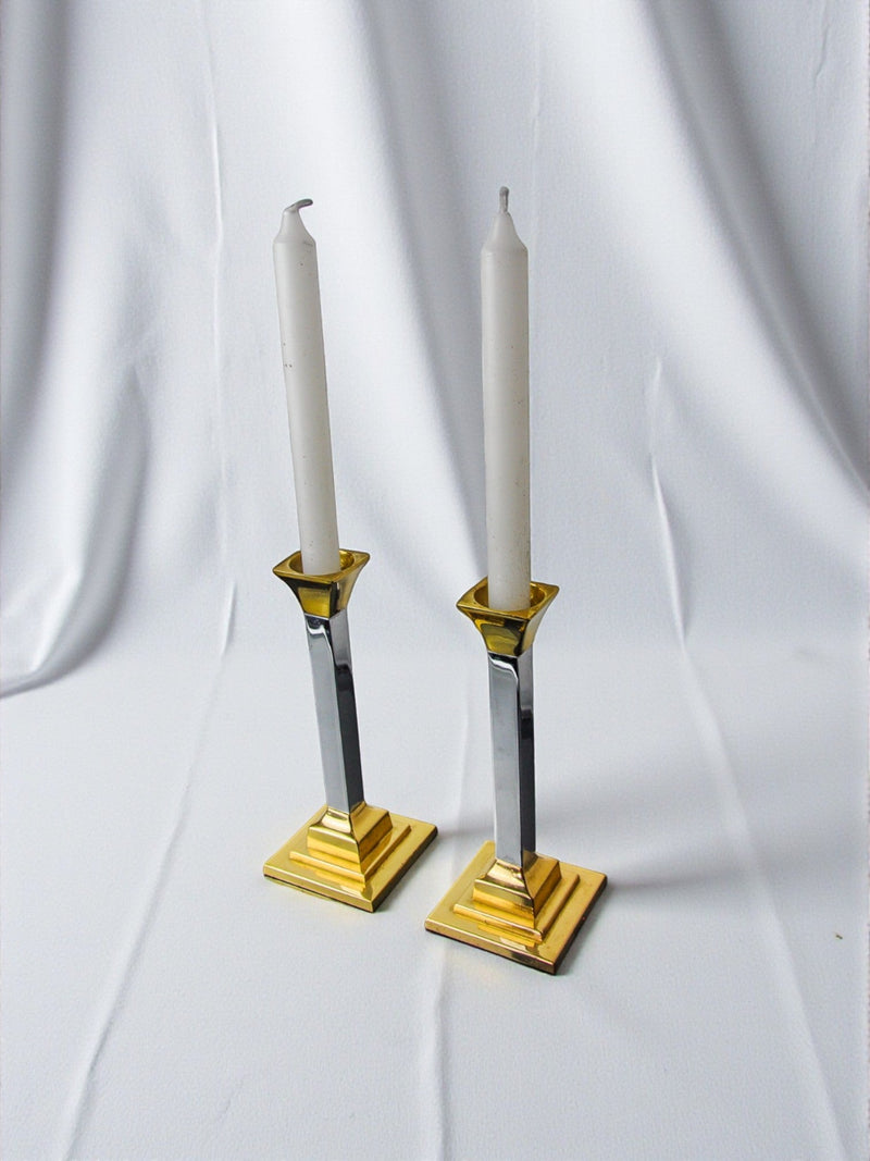Pair of Regency Candleholders by Art3, Spain, 1970s — close-up of polished brass and chrome finish