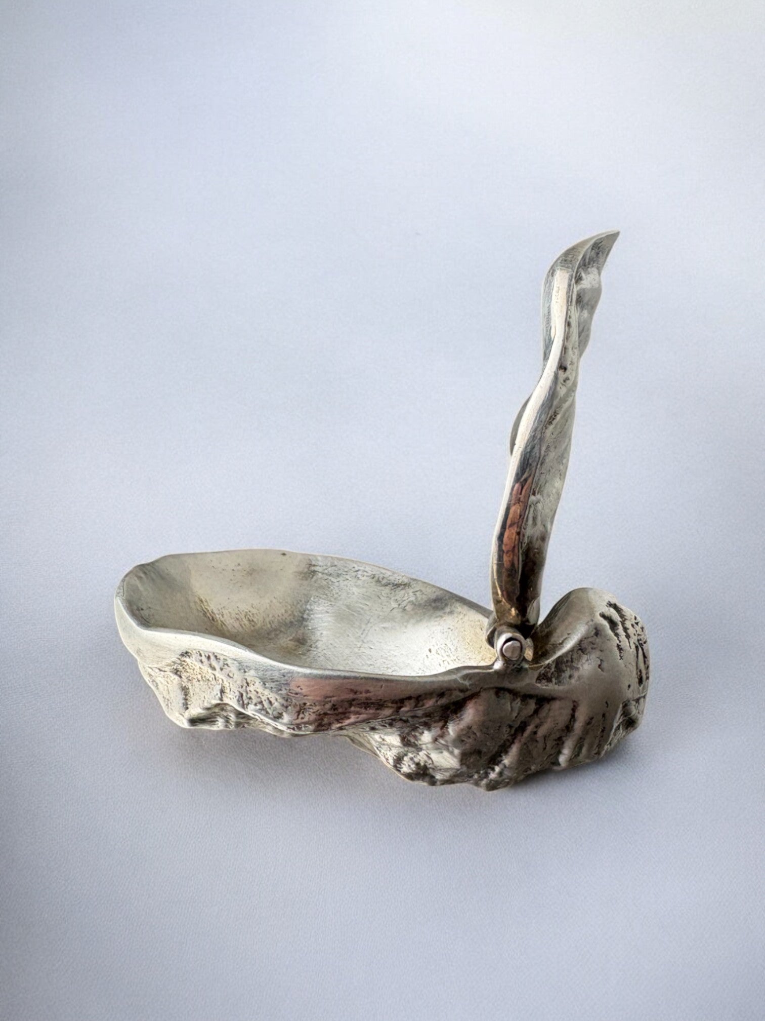 Oyster shell jewelry box in silver, Italy, 1960's — angled view on soft fabric