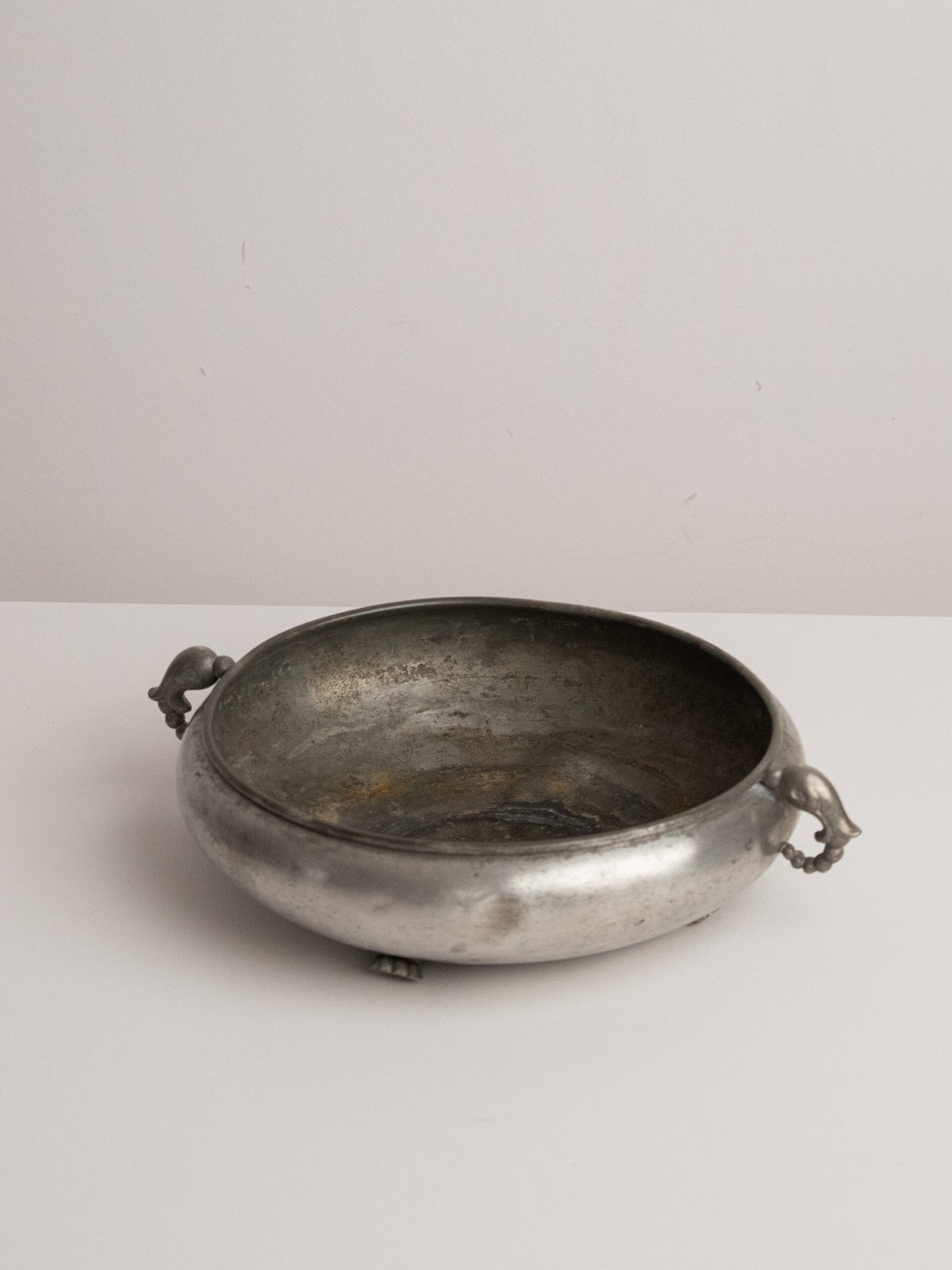 Footed Pewter Bowl with Bird or Dolphin Head Handles, Swedish Grace and Art Deco Idiom, 1930s — alternate view