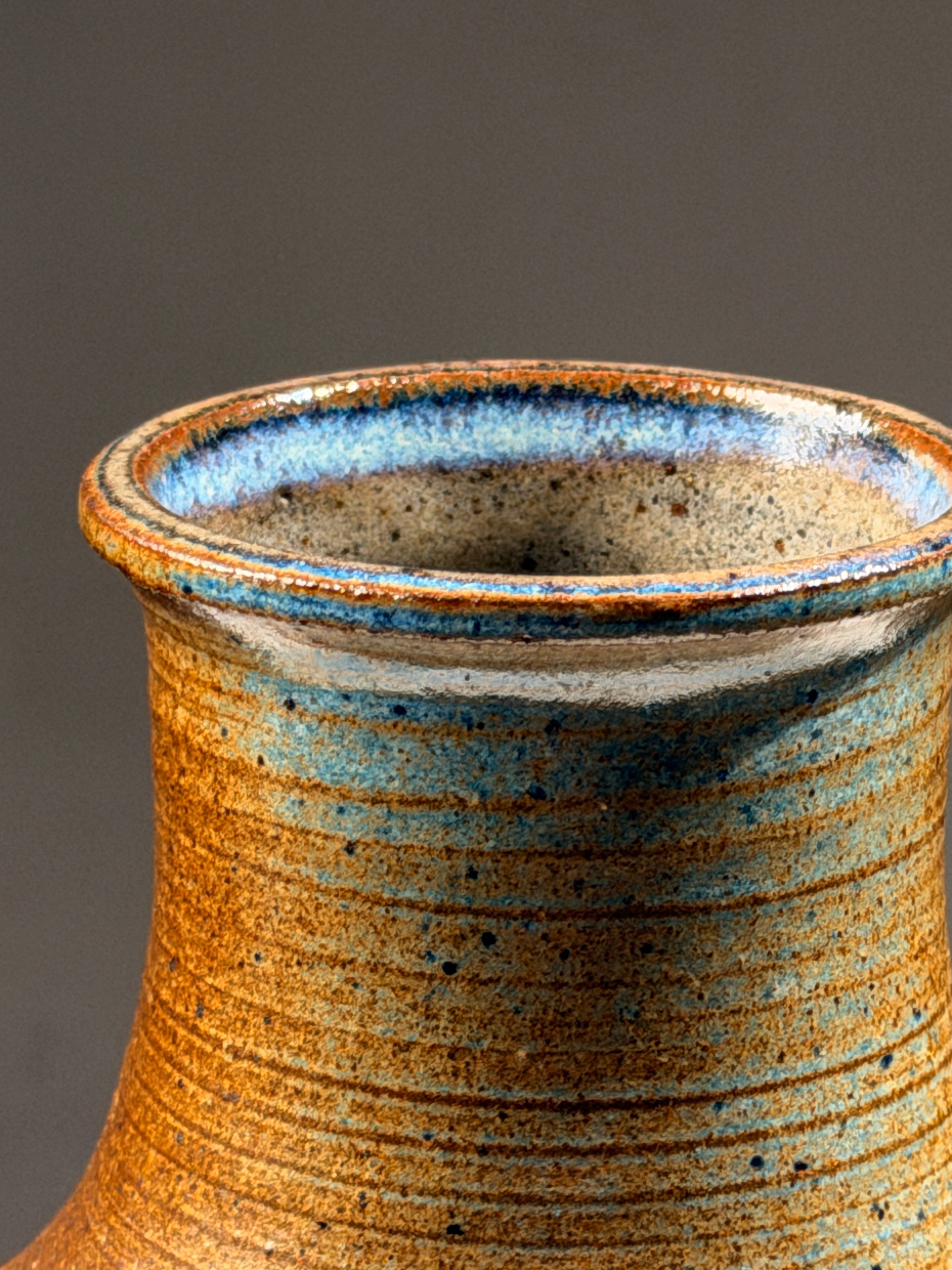 Brown and blue glazed stoneware vase, circa 1970 — side angle
