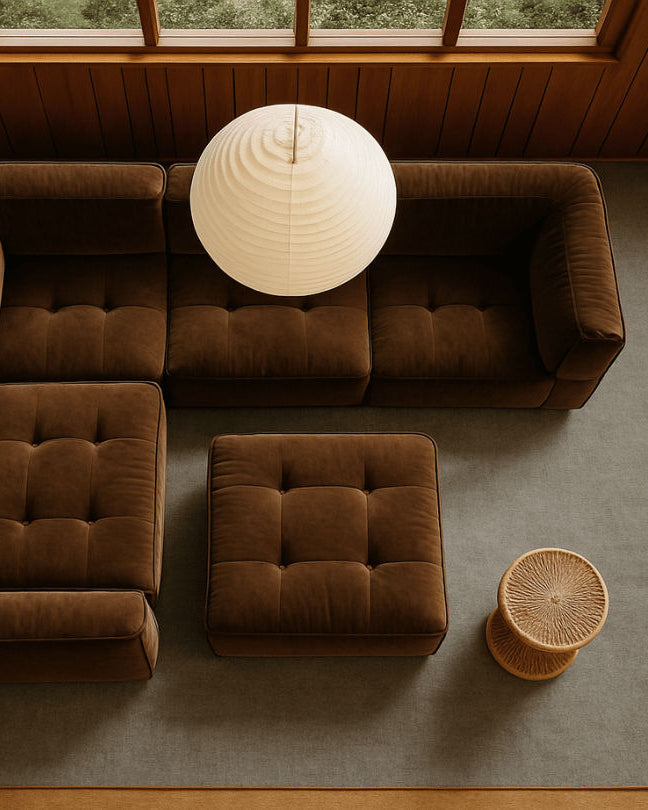Rug 100% Wool New Zealand - Gris Galet — top view on brown sofa