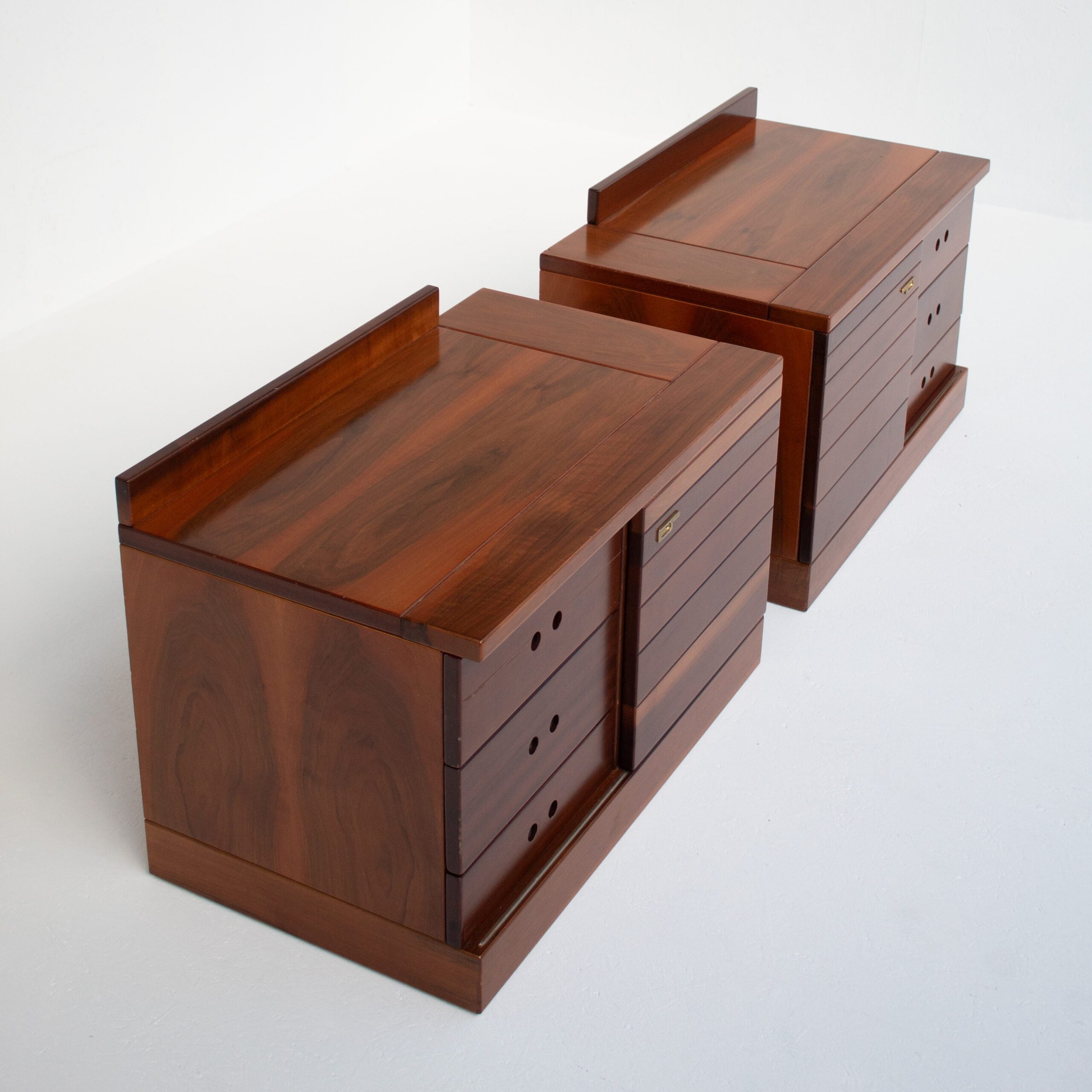Set of Nightstands in Wood and Brass — side angle showing rich wood grain