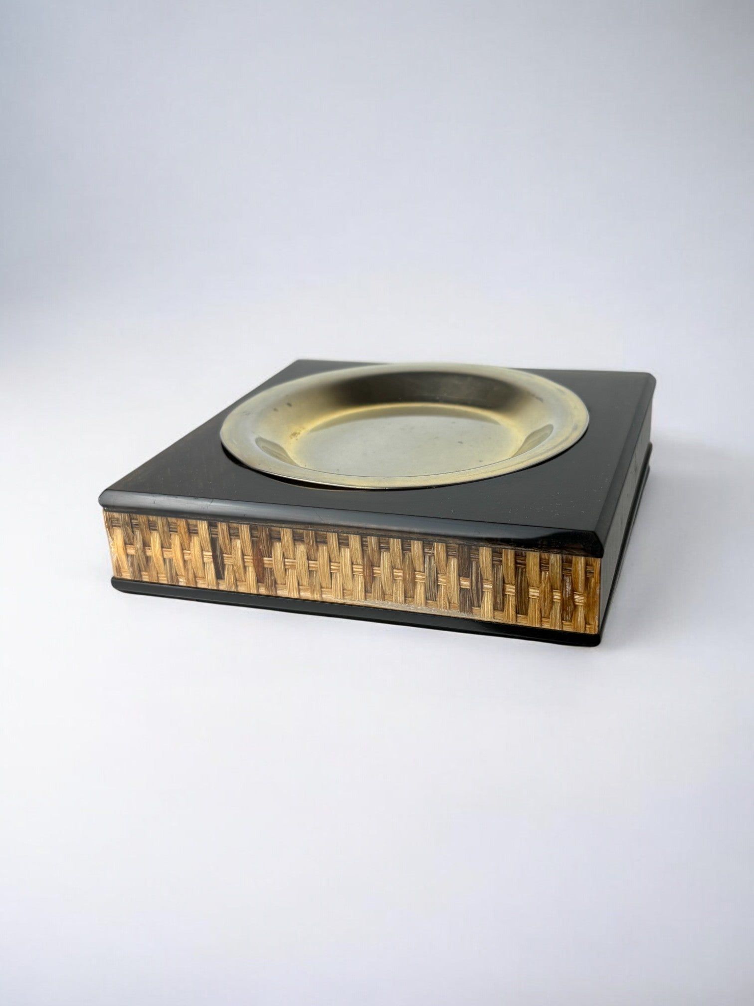 Lucite & Rattan Ashtray, 1970s — side angle showing woven rattan detail