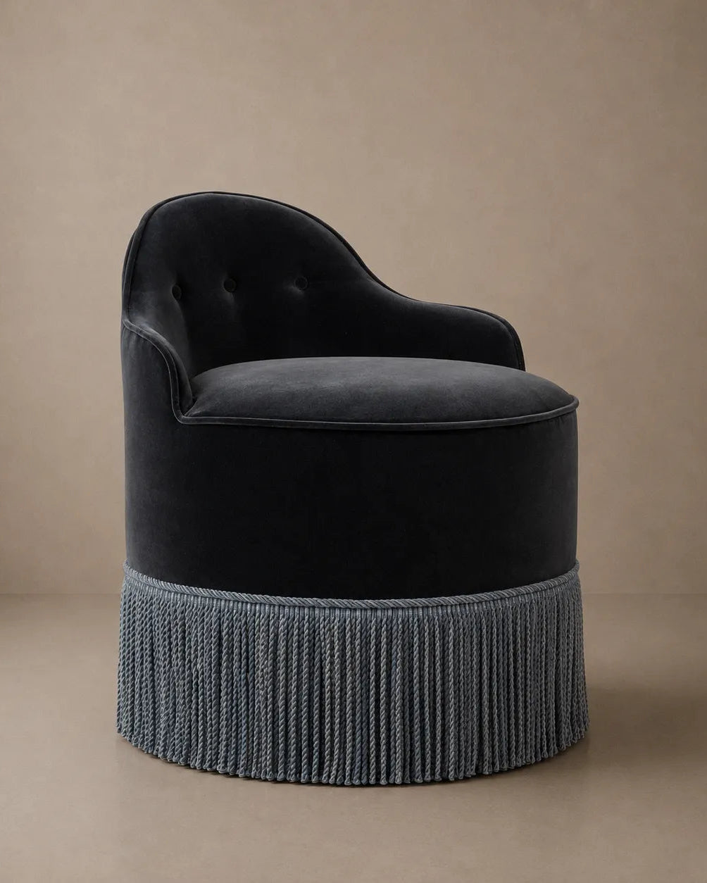 Lou Vanity Stool - Blue Stone Velvet & Blue Fringe by RIJD Interior | The Oblist