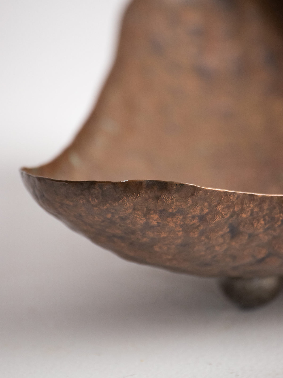 Hand-Hammered Copper Tray on Ball Feet, Scandinavian Craft, 1950s — close-up